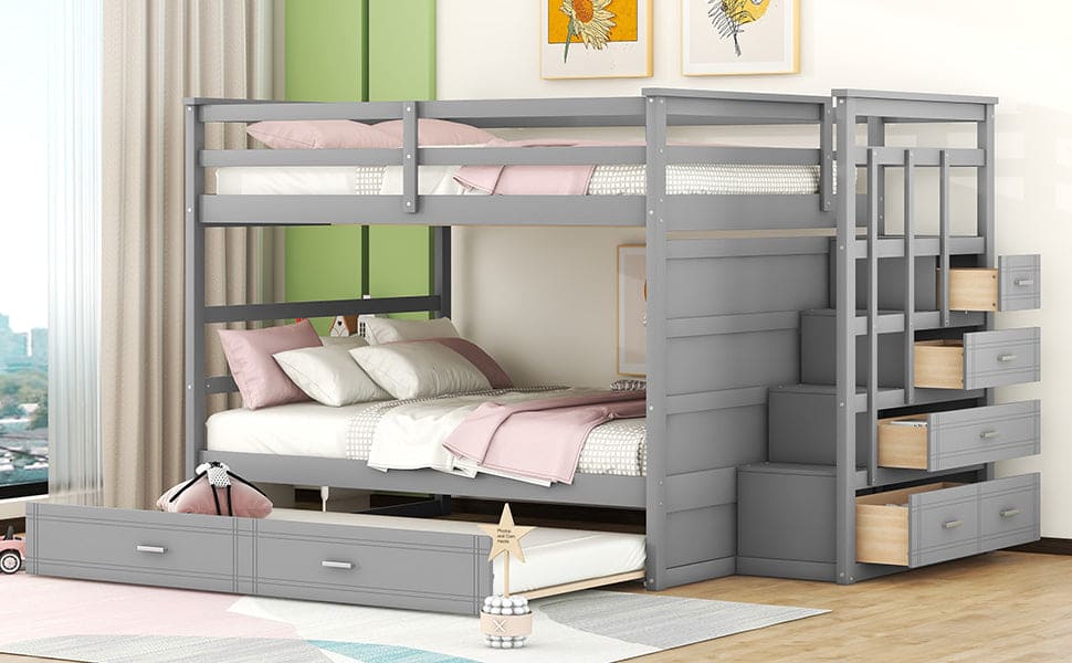 Full Over Full Bunk Bed with Twin Size Trundle and Staircase, Gray