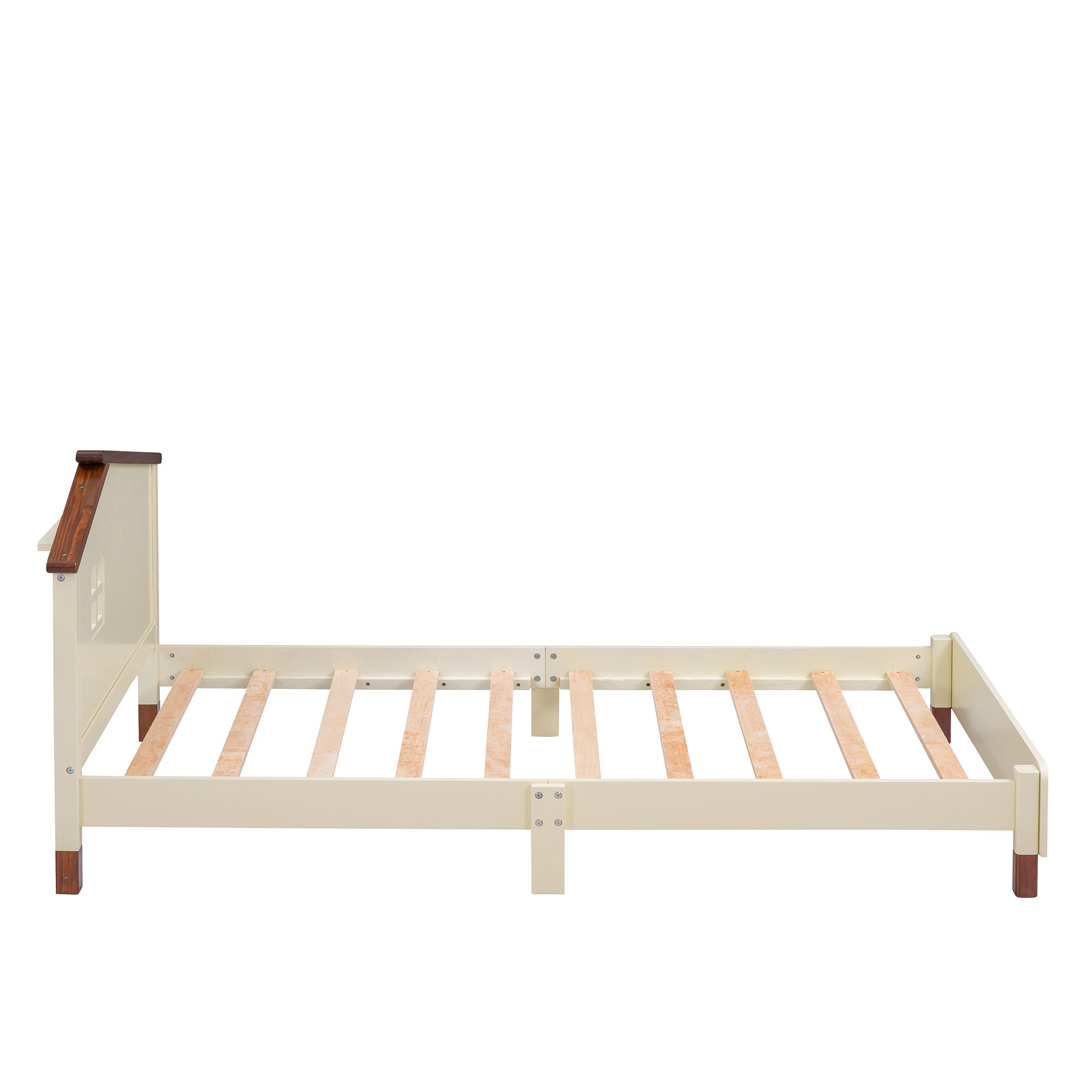 Twin Size Wood Platform Bed with House-shaped Headboard  (Cream+Walnut)