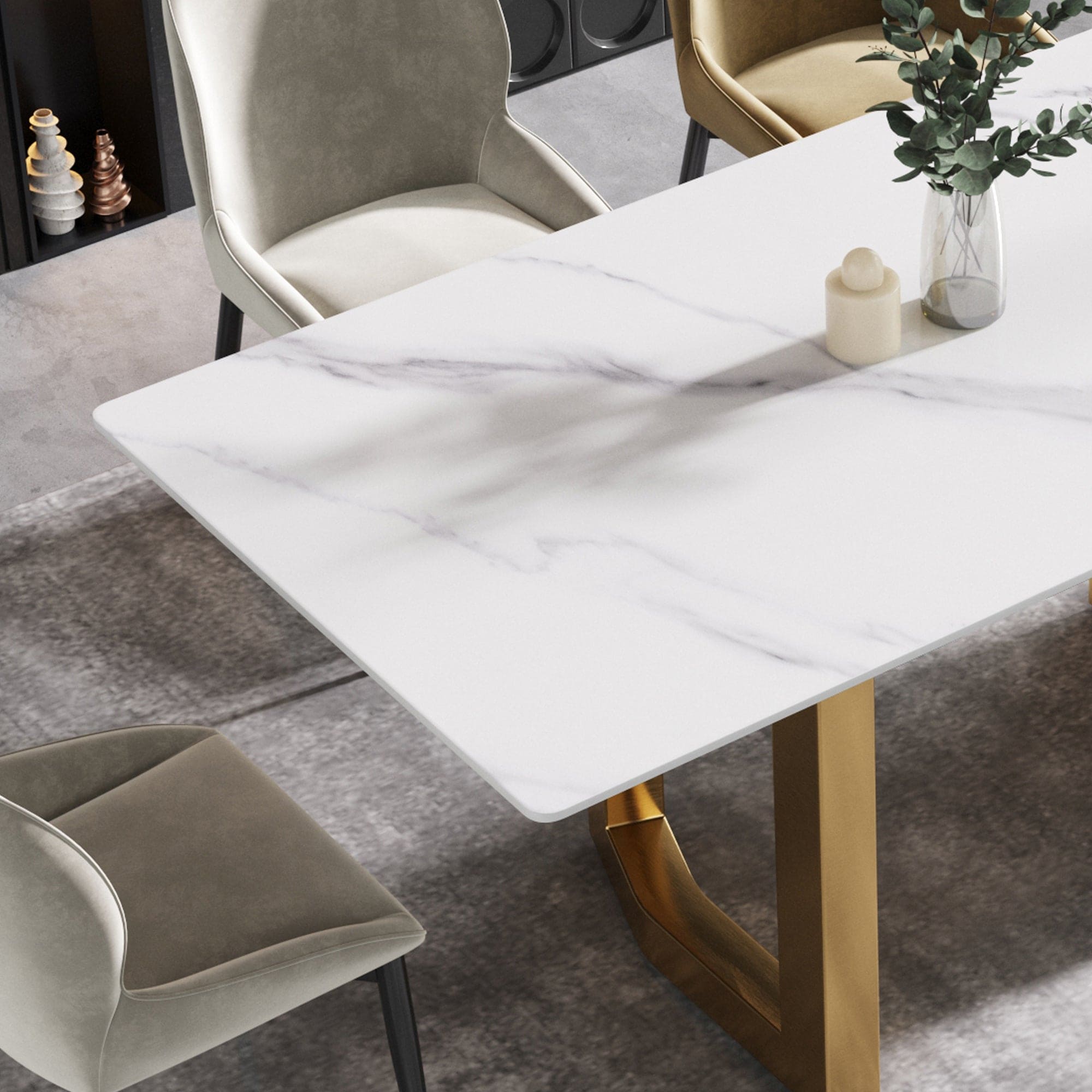 63"Modern artificial stone white straight edge golden metal leg dining table -6 people