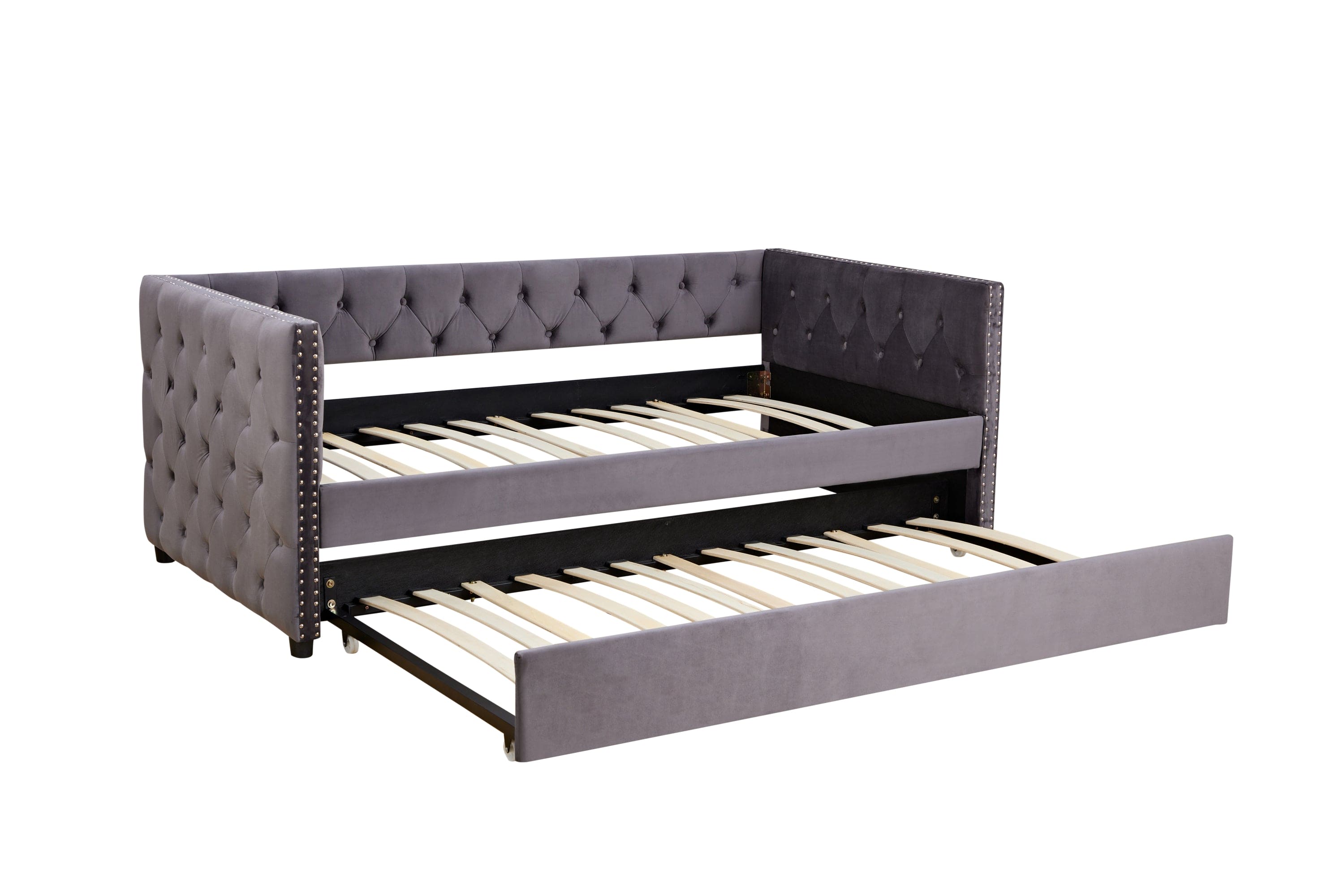 Daybed with Trundle Sofa Bed, upgraded velvet upholstered sofa bed, with Button and copper nail on square arms,bedroom living room furniture (Grey,Twin,83.47"x41.91"x30.71")