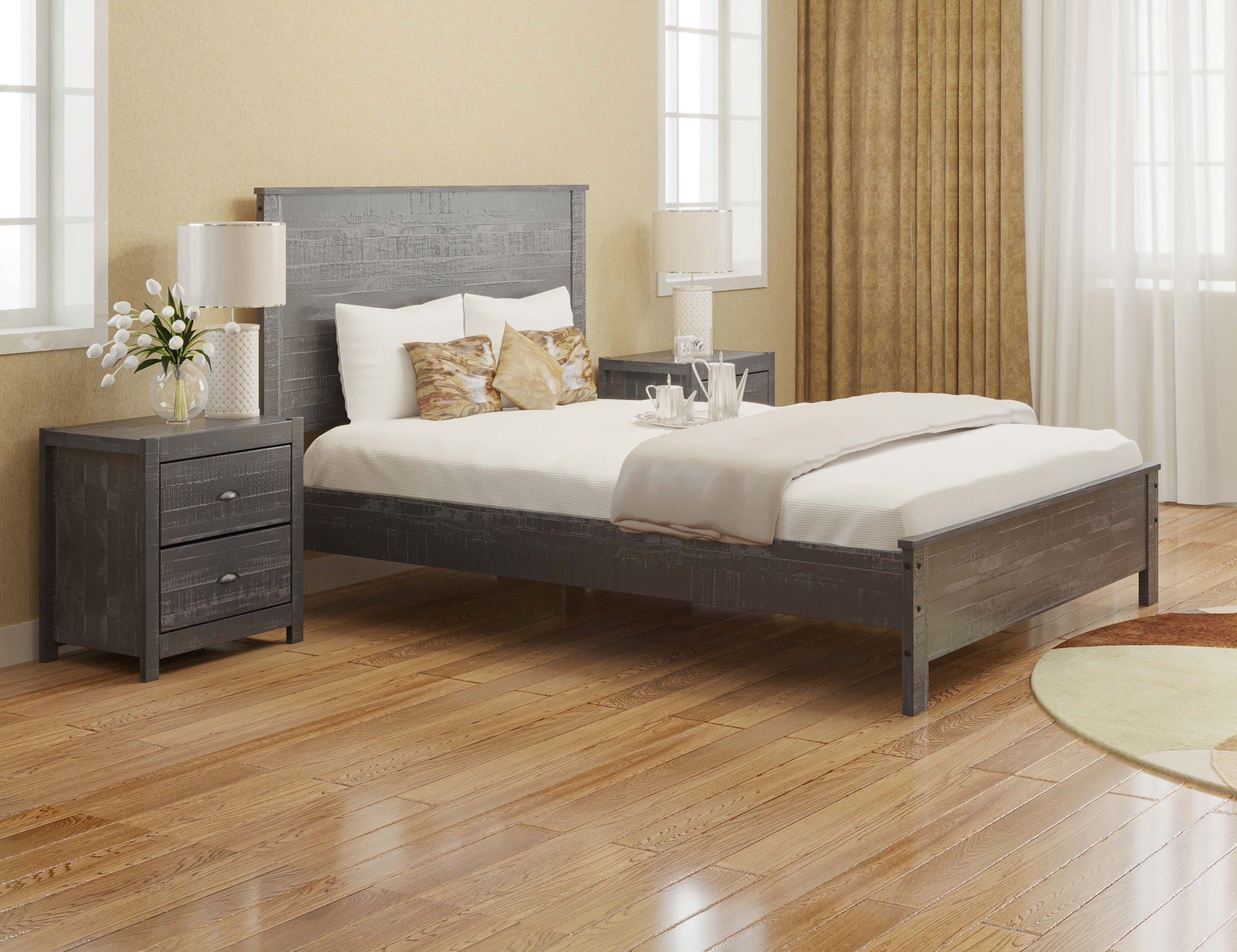 Yes4wood Albany Solid Wood Grey Bed, Modern Rustic Wooden Queen Size Bed Frame Box Spring Needed