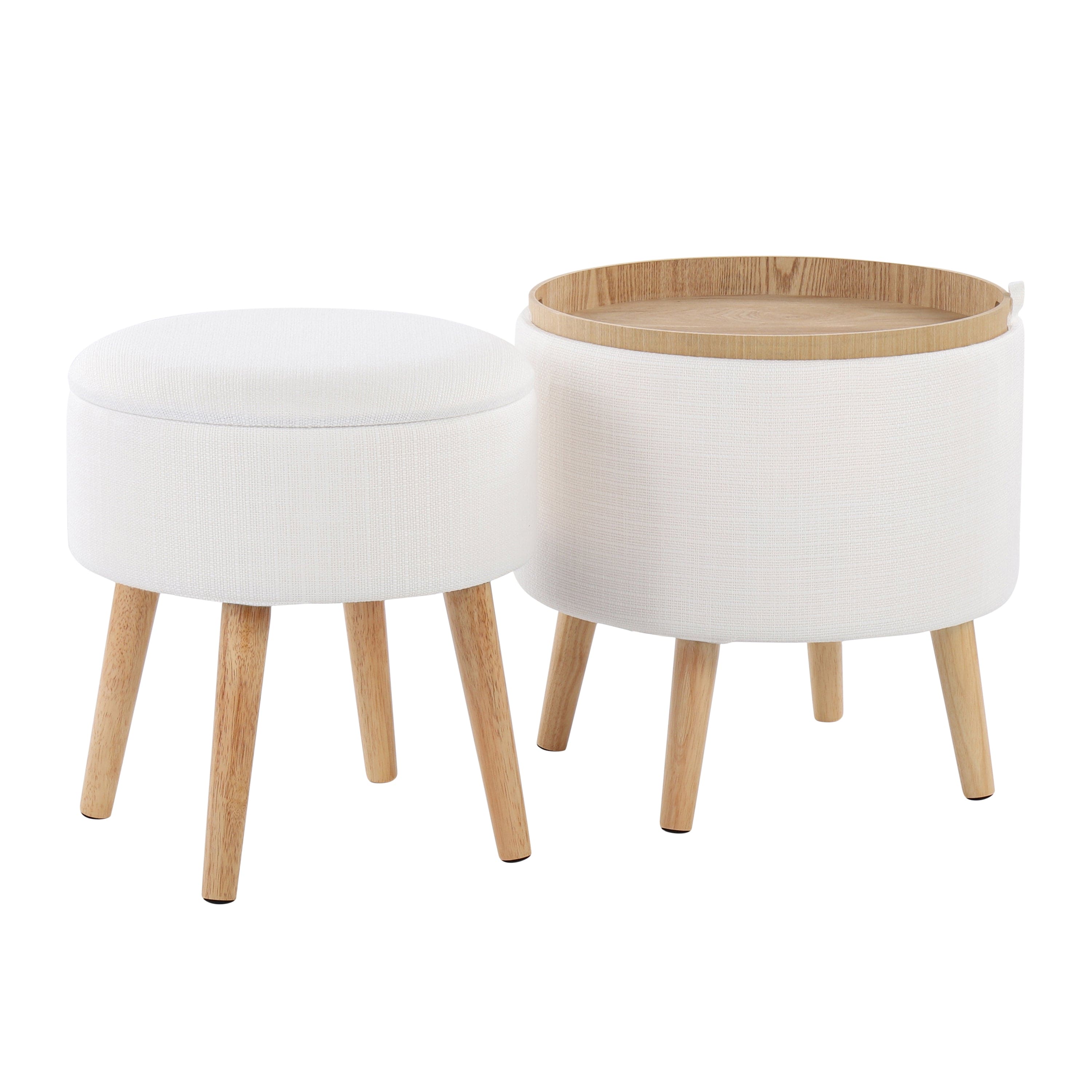 Tray Contemporary Storage Ottoman with Matching Stool in Cream Fabric and Natural Wood Legs by LumiSource