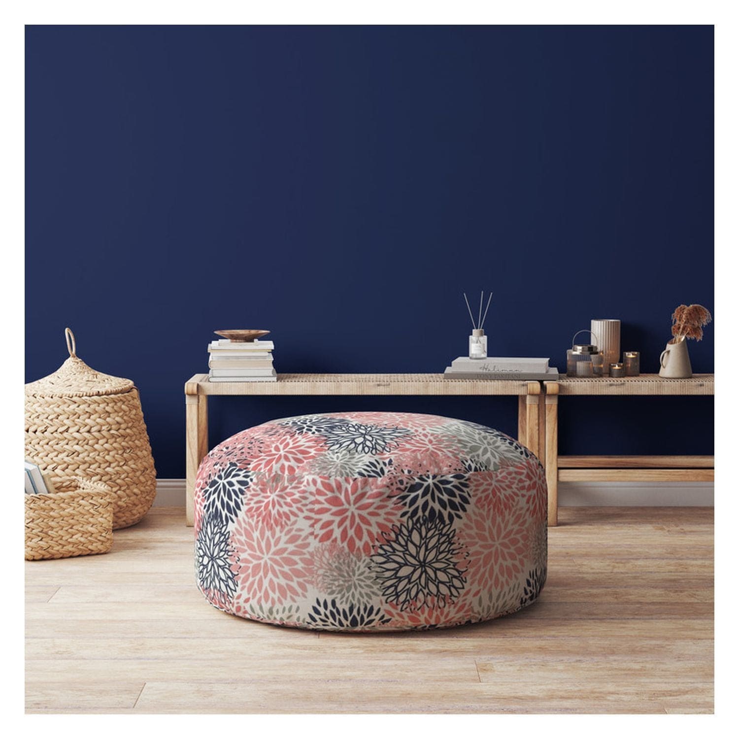 Indoor BURSTING BLOOMS MINKY Plush Coral Round Zipper Pouf - Cover Only - 24in dia x 20in tall