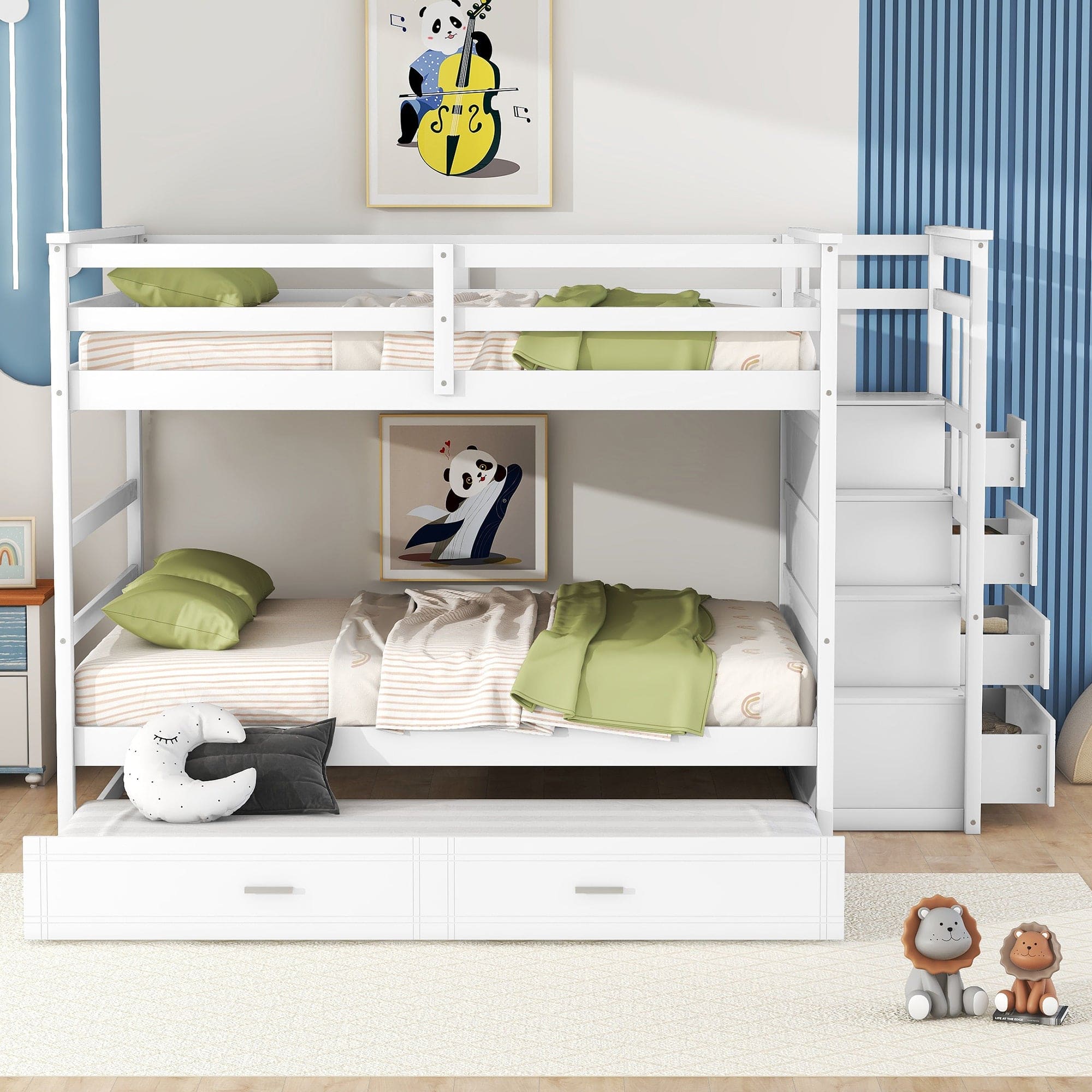 Full Over Full Bunk Bed with Twin Size Trundle and Staircase, White