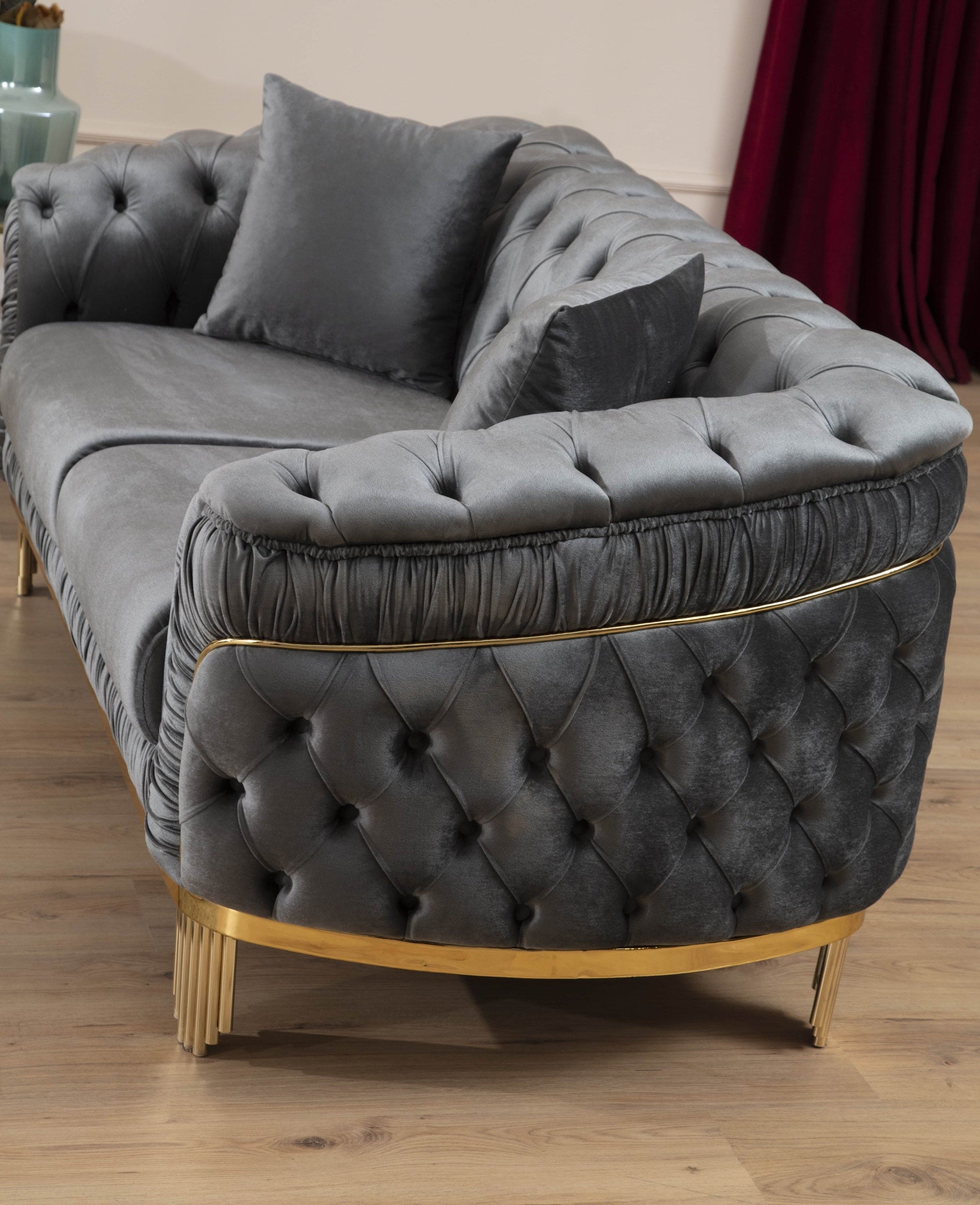 Vanessa Loveseat in Grey and Gold with Fabric button-tufted velvet upholstery Finish