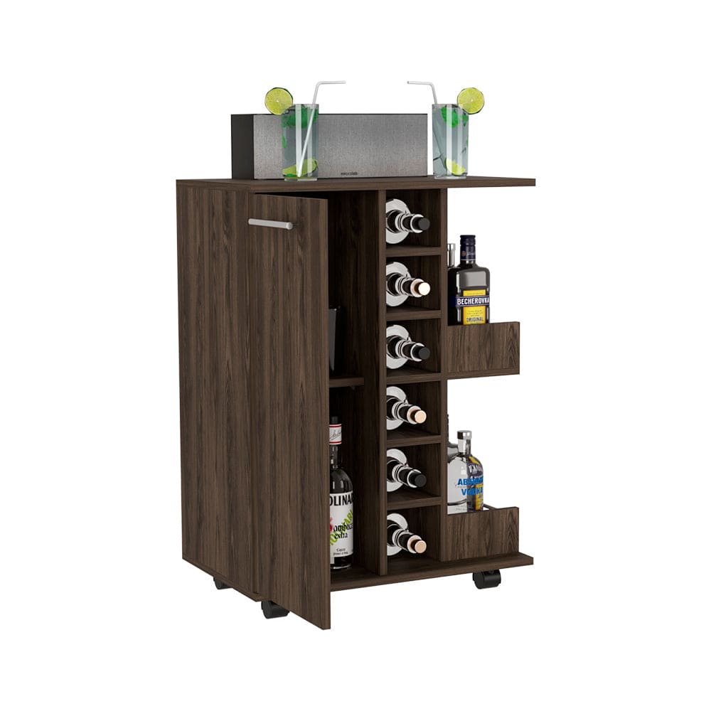 Bar Cart Wells, Four Casters, Dark Walnut Finish