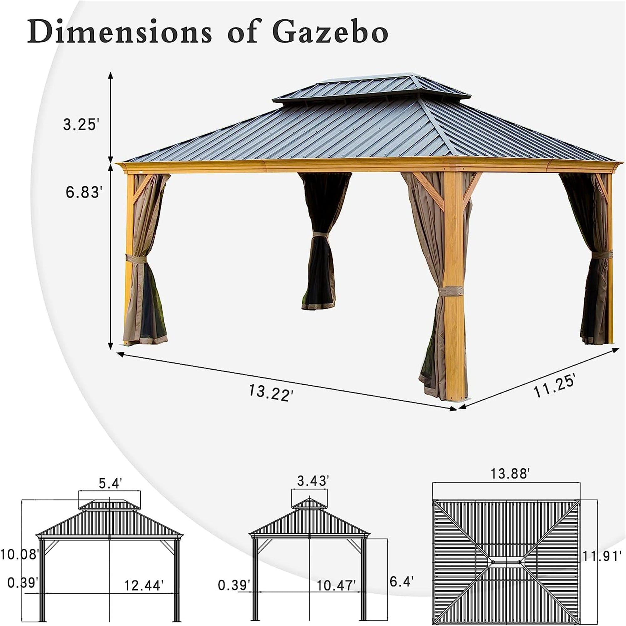 12'x14' Hardtop Gazebo, Wooden Coated Aluminum Frame Canopy with Galvanized Steel Double Roof, Outdoor Permanent Metal Pavilion with Curtains and Netting for Patio, Deck and Lawn(Wood-Looking)