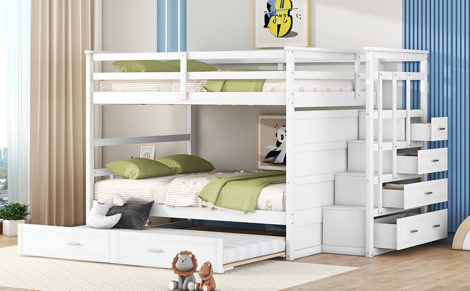 Full Over Full Bunk Bed with Twin Size Trundle and Staircase, White