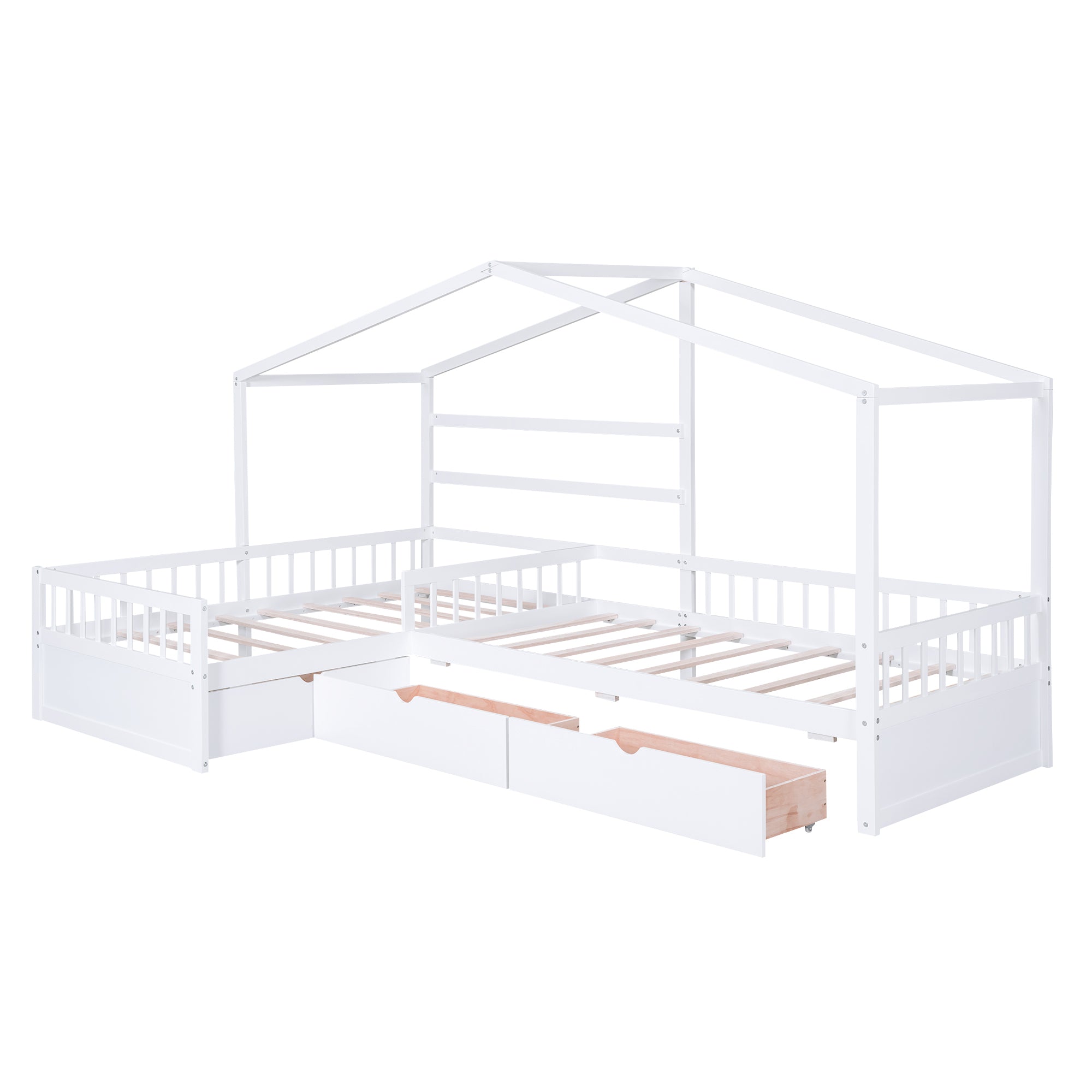 Twin Size House Platform Bed with Three Storage Drawers,White