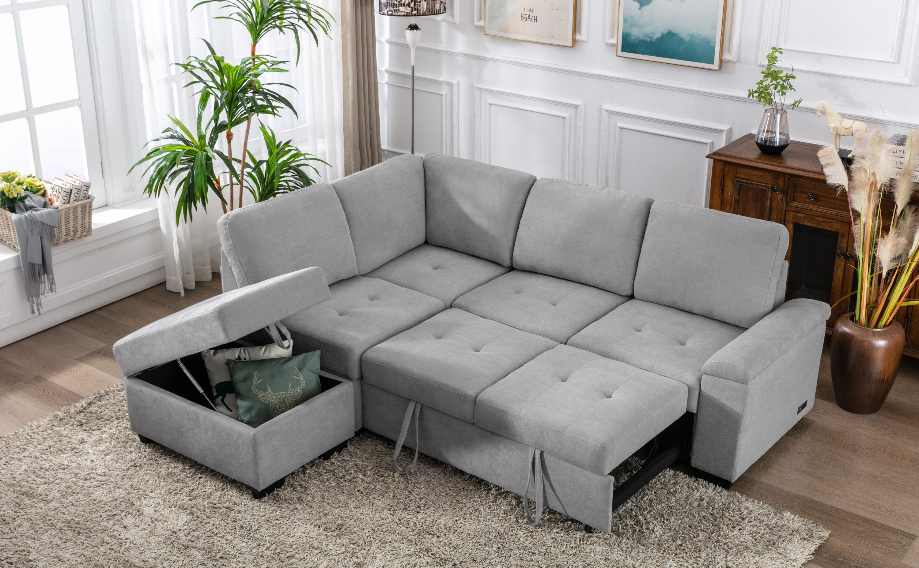 Sleeper Sectional Sofa, L-Shape Corner Couch Sofa-Bed with Storage Ottoman & Hidden Arm Storage & USB Charge  for Living Room Apartment, Gray