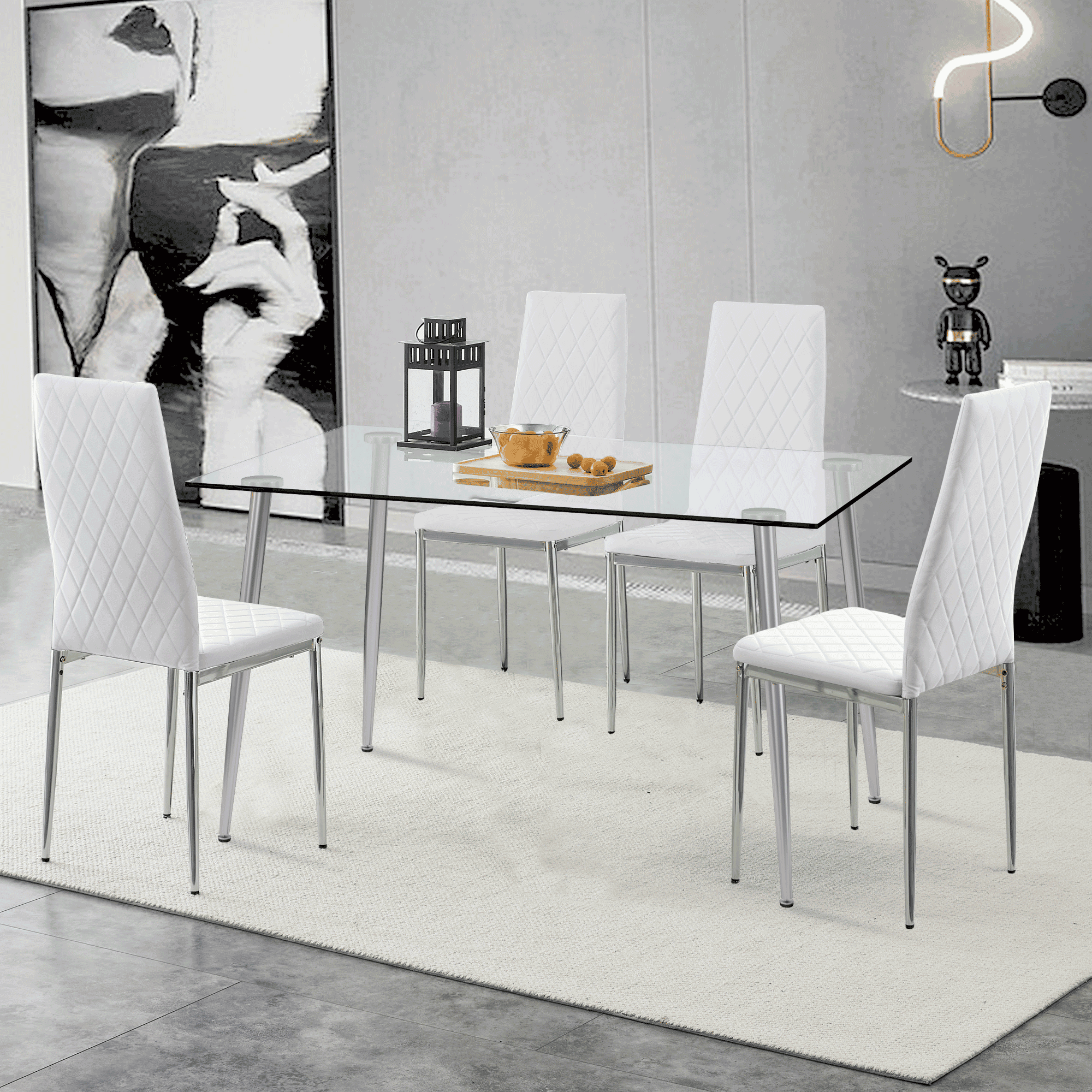 Grid armless high backrest dining chair, 4-piece set of silver metal legs white chair, office chair. Suitable for restaurants, living rooms, kitchens, and offices.W115162607  0924