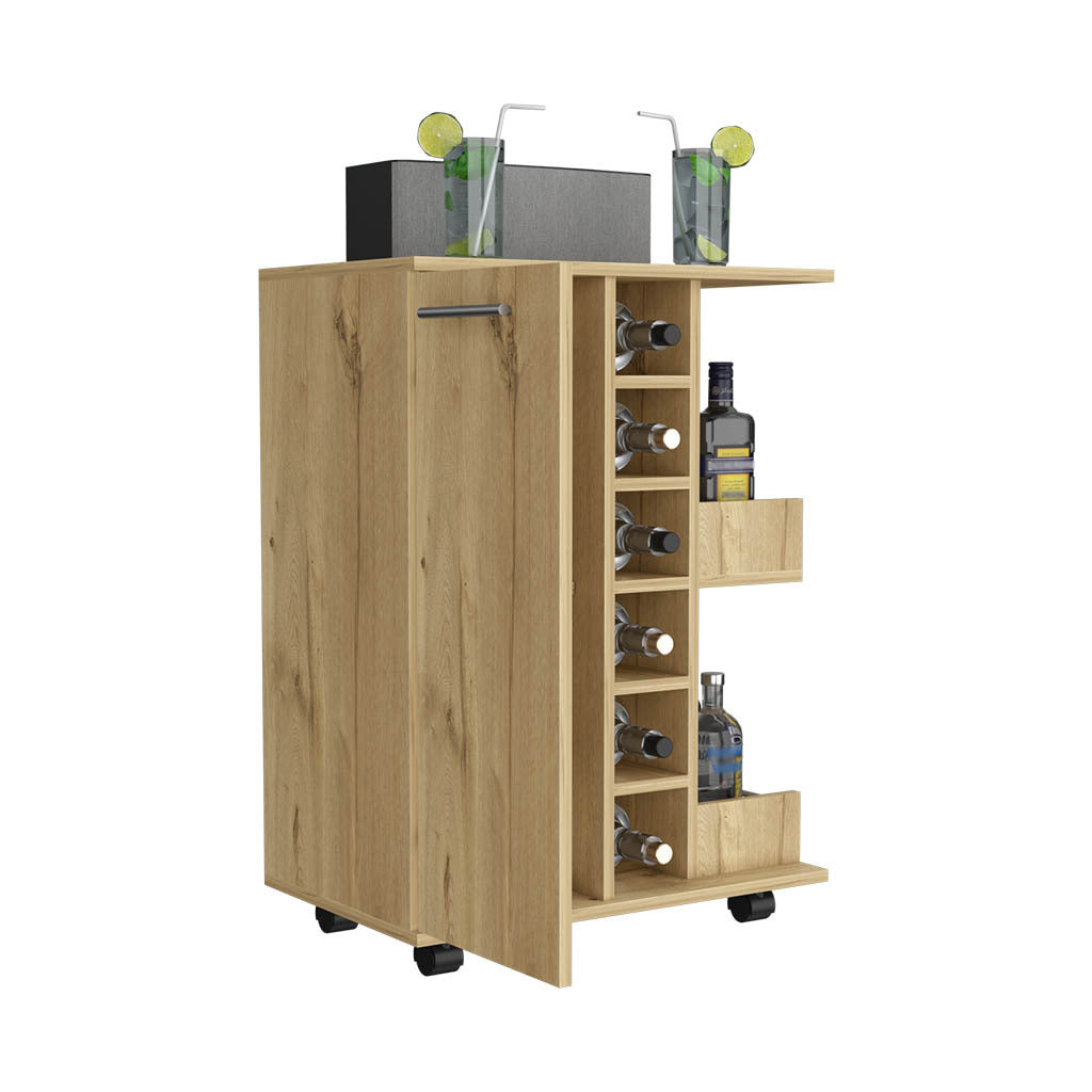 Bar Cart Wells, Four Casters, Six Wine Cubbies, Single Door Cabinet, Light Oak Finish