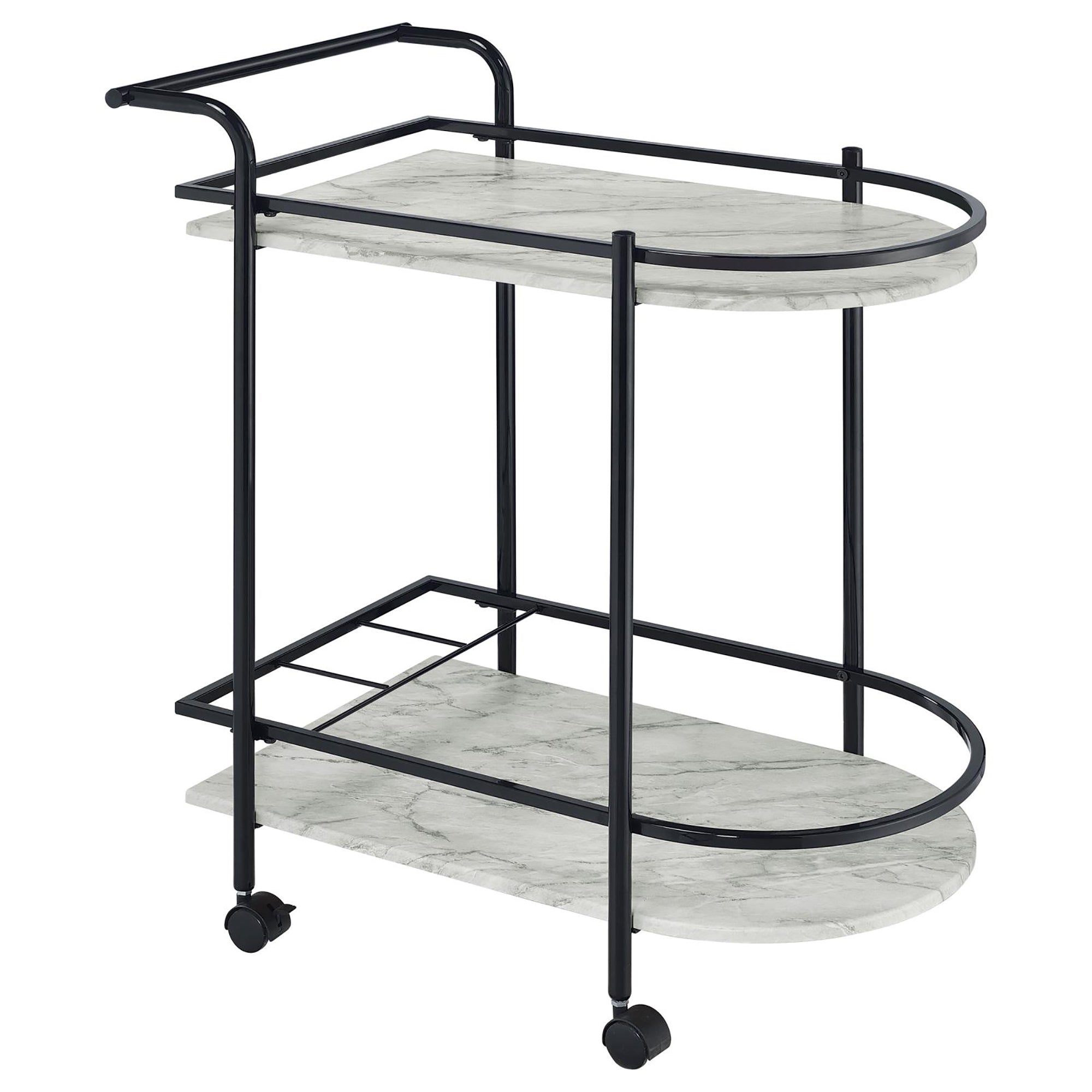 Chaveaut Black and Faux White Marble Serving Cart with Wine Rack