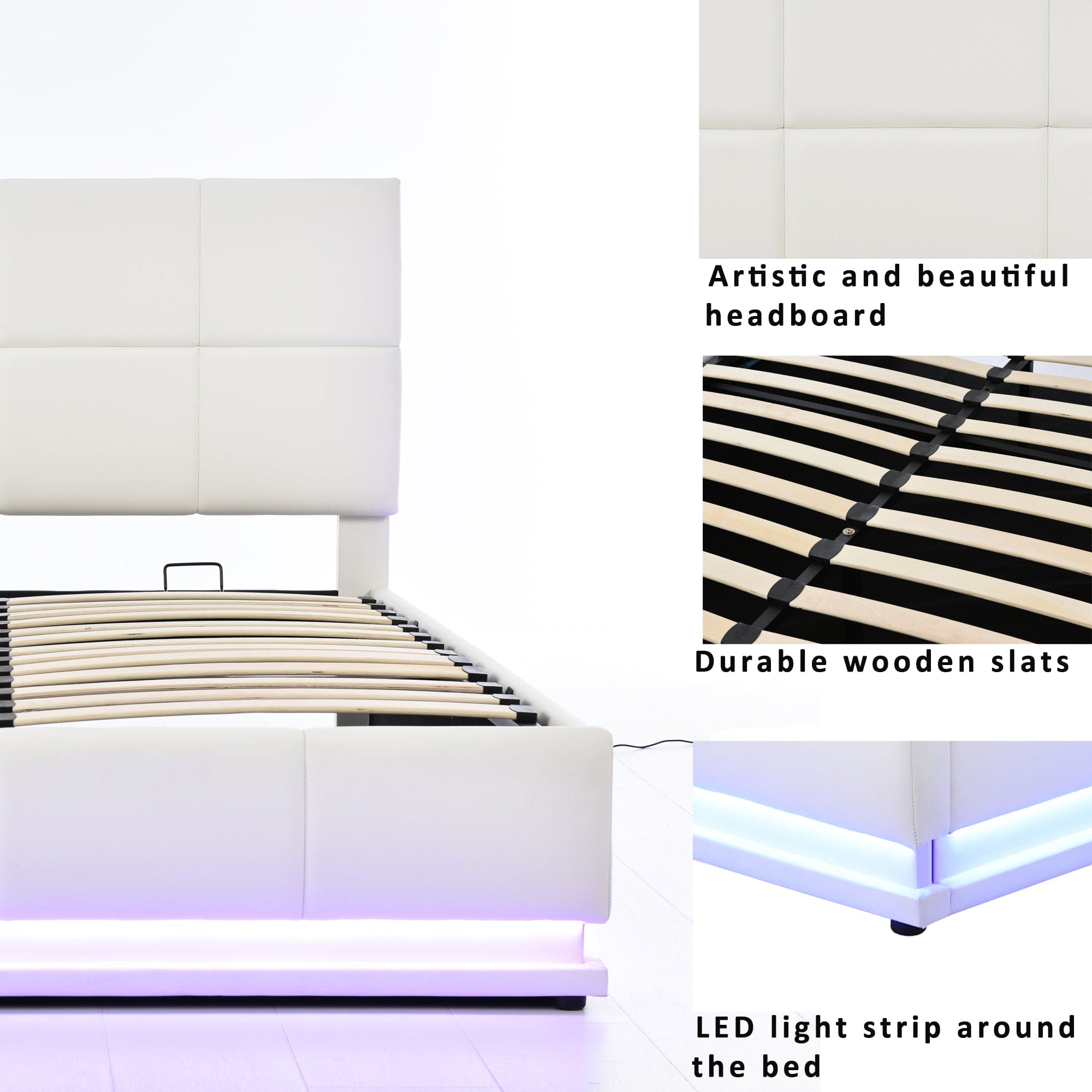 Full Size Tufted Upholstered Platform Bed with Hydraulic Storage System,PU Storage Bed with LED Lights and USB charger, White