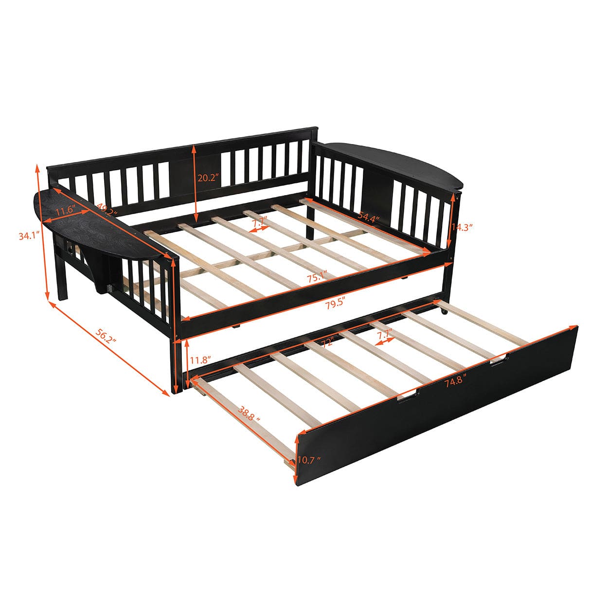 Full size Daybed with Twin size Trundle, Wood Slat Support, Espresso