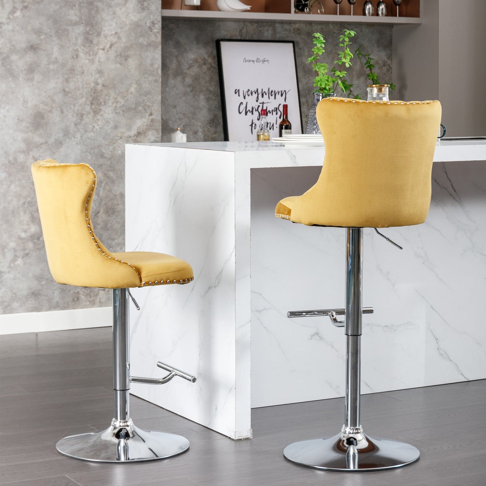 A&A Furniture,Swivel Velvet Barstools Gold,Set of 2