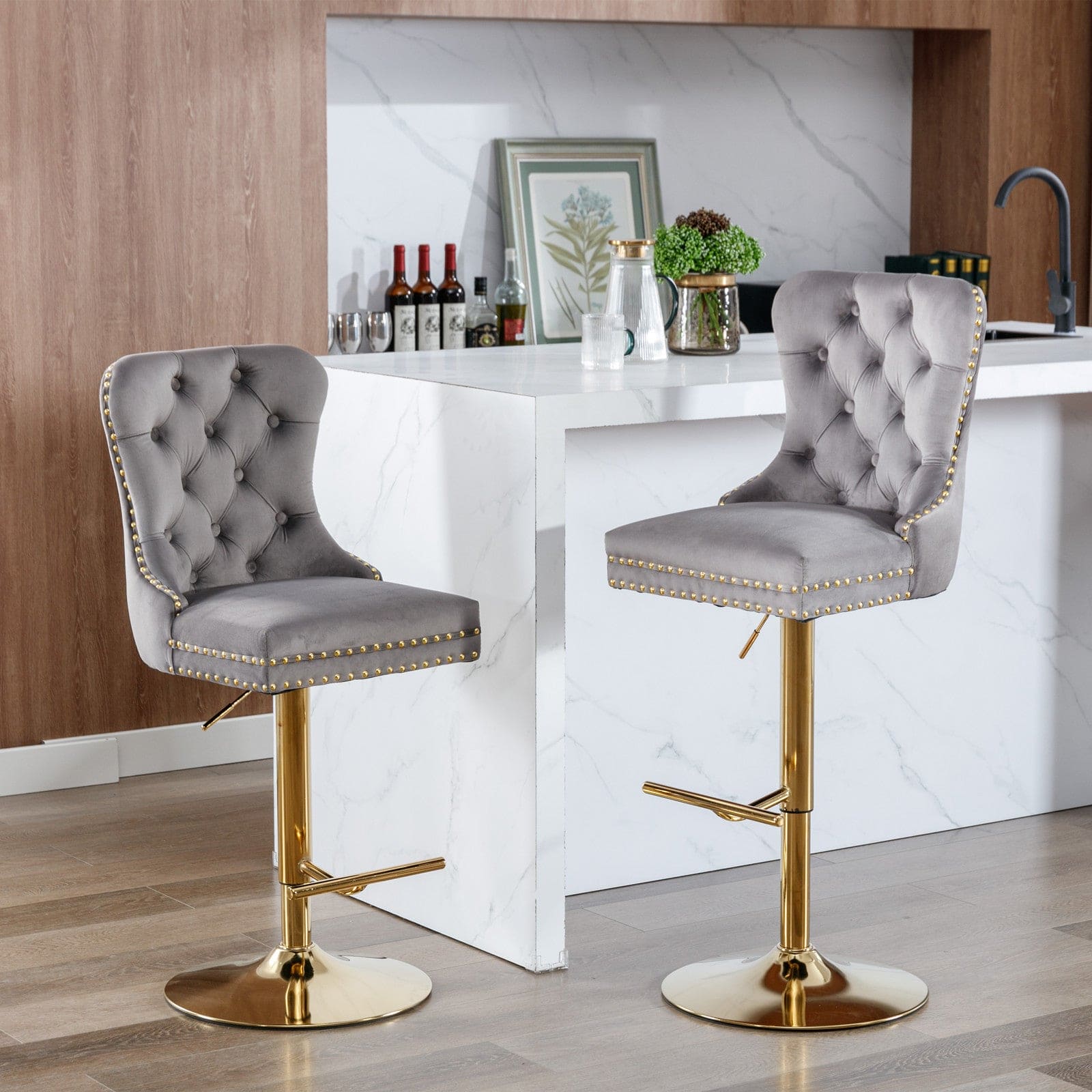 A&A Furniture,Thick Golden Swivel Velvet Barstools Adjusatble Seat Height from 25-33 Inch, Modern Upholstered Bar Stools with Backs Comfortable Tufted for Home Pub and Kitchen Island (Gray,Set of 2)