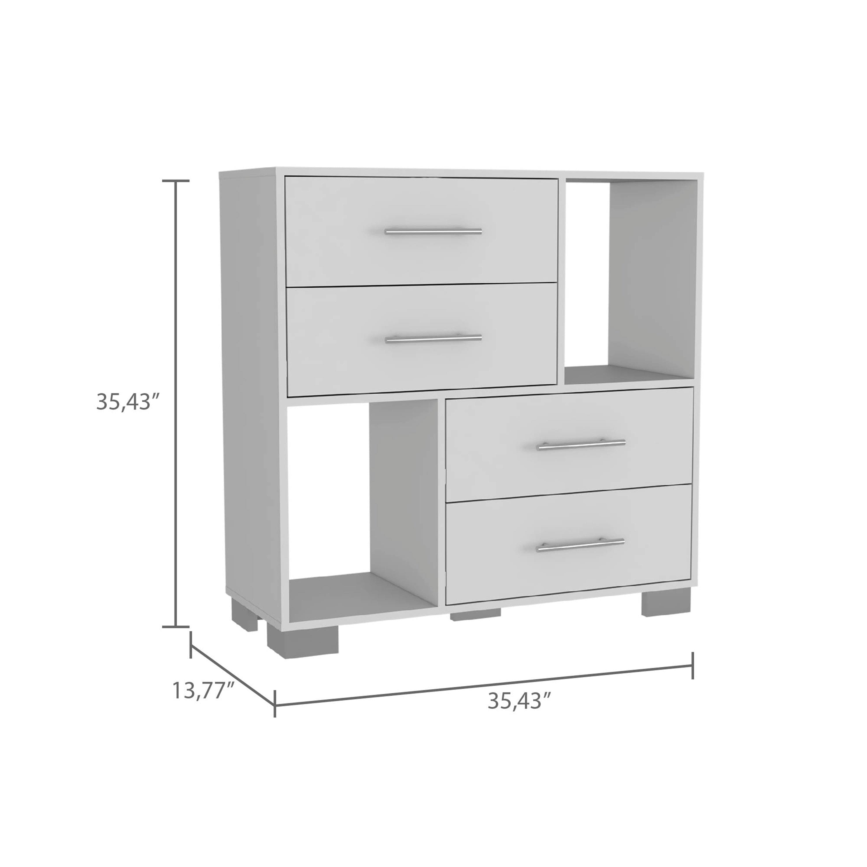 Dresser Hetzs, Four Drawers, Two Open Shelves, White Finish