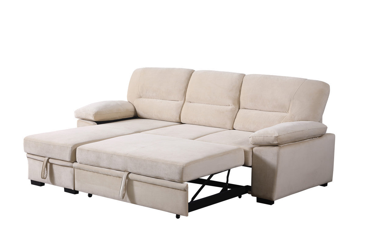 Kipling Beige Velvet Fabric Reversible Sleeper Sectional Sofa Chaise