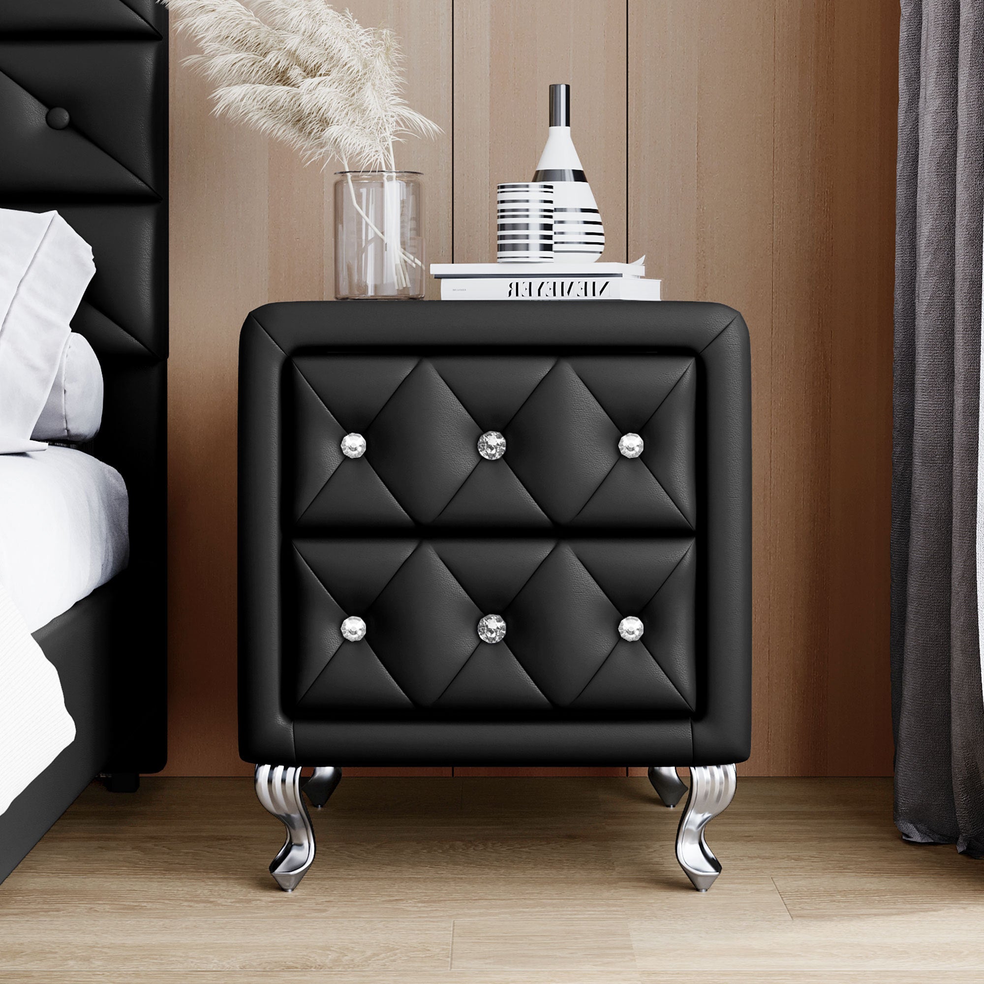 Elegant PU Nightstand with 2 Drawers and Crystal Handle,Fully Assembled Except Legs&Handles,Storage Bedside Table with Metal Legs - Black