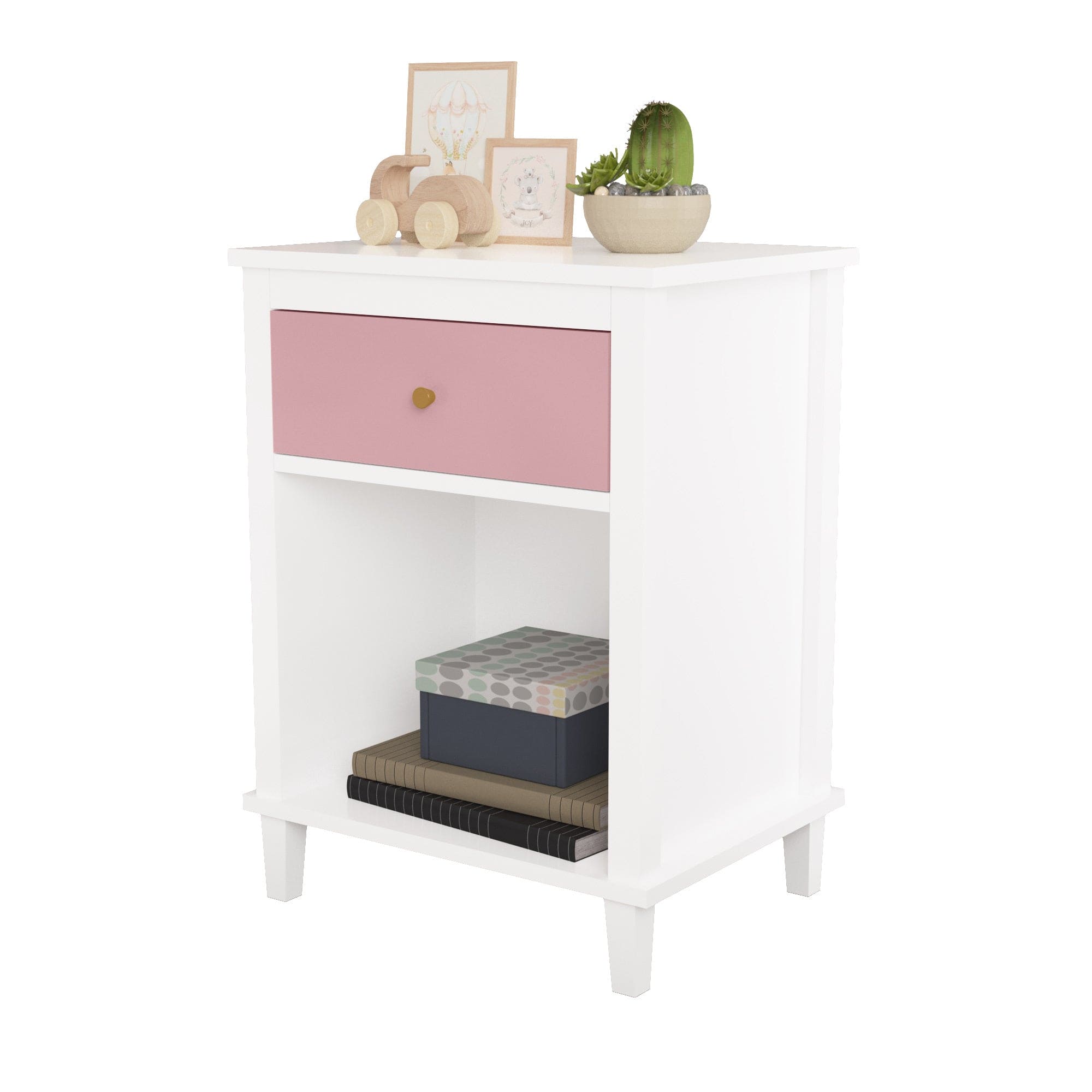 Wooden Nightstand with One Drawer One Shelf for Kids, Adults, Pink