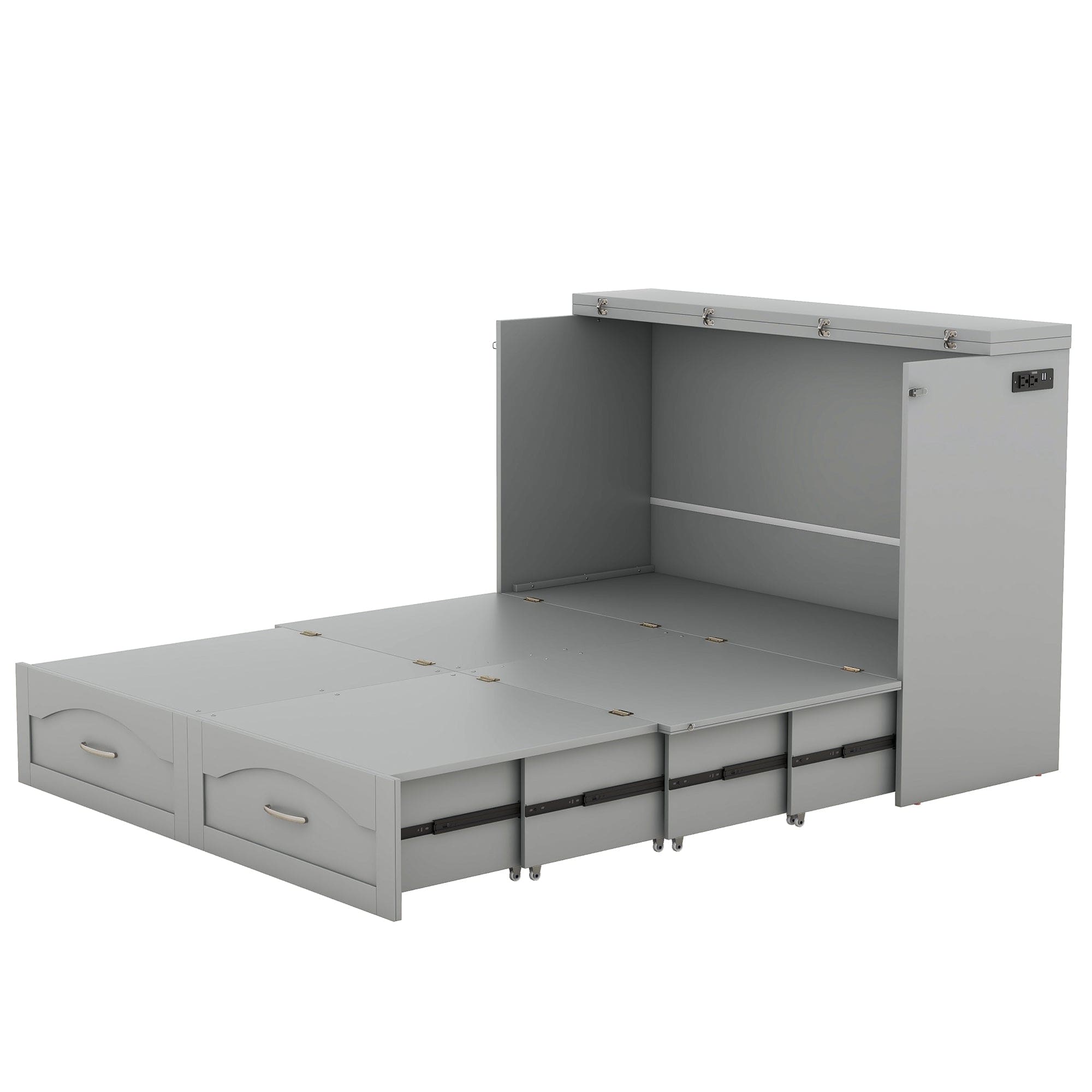 Full Size Murphy Bed Wall Bed with drawer and a set of Sockets & USB Ports, Pulley Structure Design, Gray