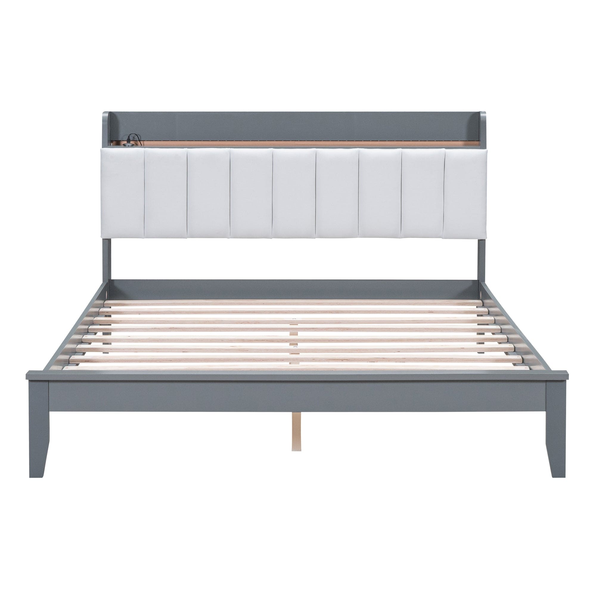 Queen size Platform Bed with USB Charging Station and Storage Upholstered Headboard,LED Bed Frame,No Box Spring Needed,Gray+White