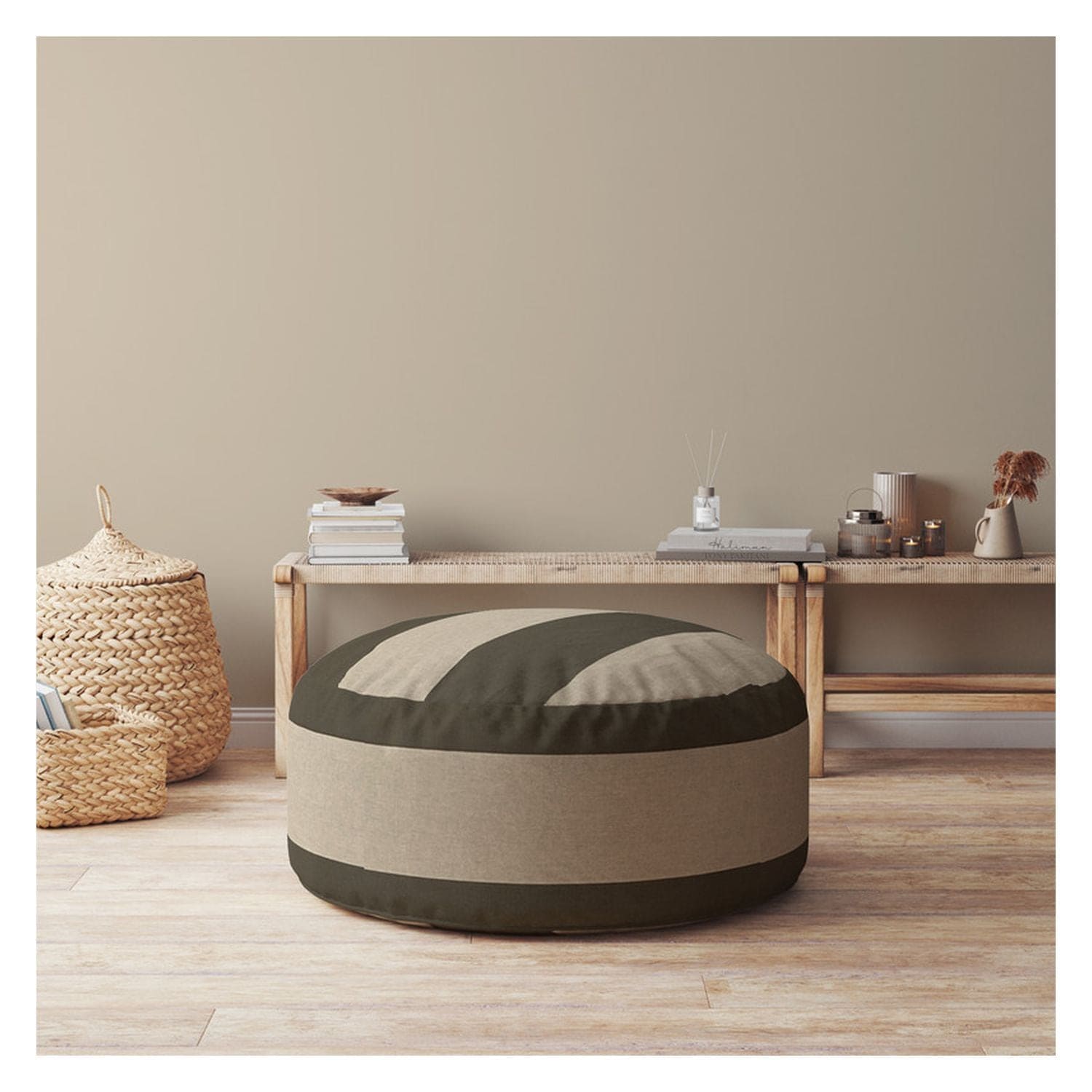 Indoor RAILROAD Dark Taupe Round Zipper Pouf - Stuffed - Extra Beads Included! - 24in dia x 20in tall