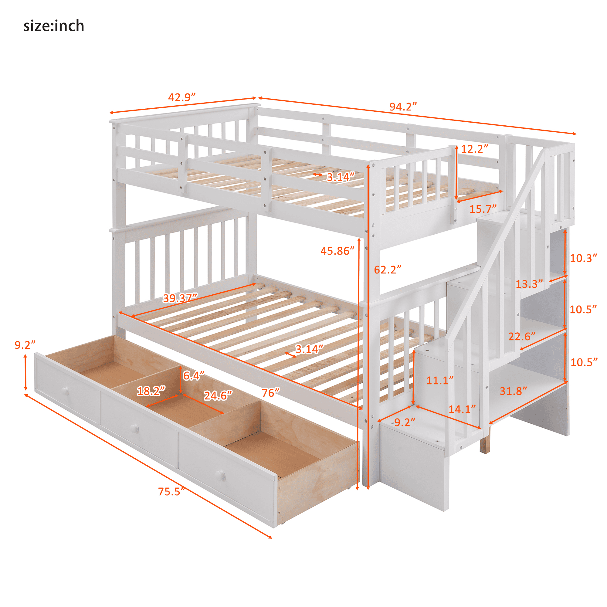 Stairway Twin-Over-Twin Bunk Bed with Three Drawers for Bedroom, Dorm - White(Old sku: LP000309AAK)