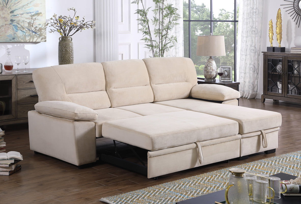 Kipling Beige Velvet Fabric Reversible Sleeper Sectional Sofa Chaise