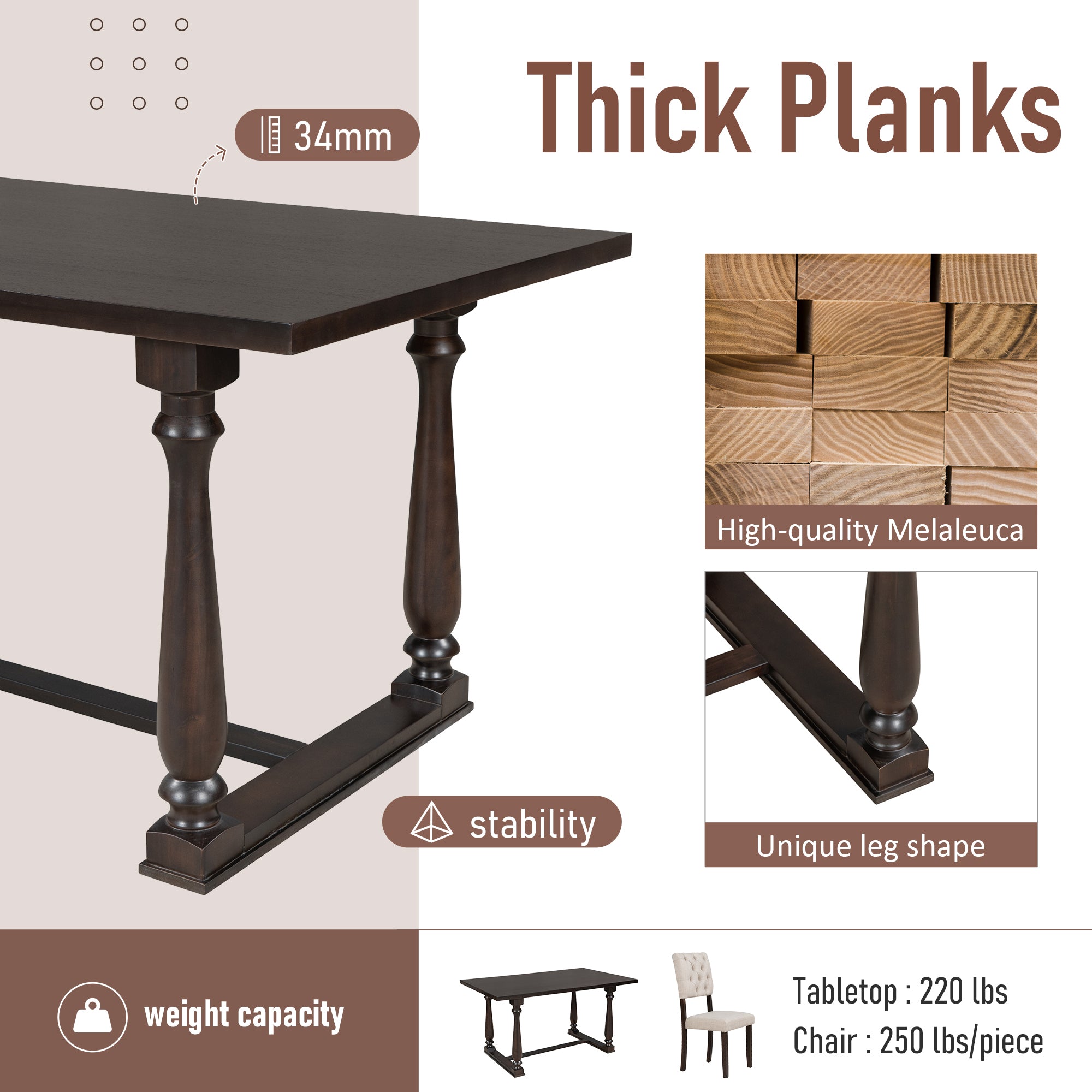 TREXM 6-Piece Dining Table and Chair Set with Special-shaped Legs and Foam-covered Seat Backs&Cushions for Dining Room (Espresso)