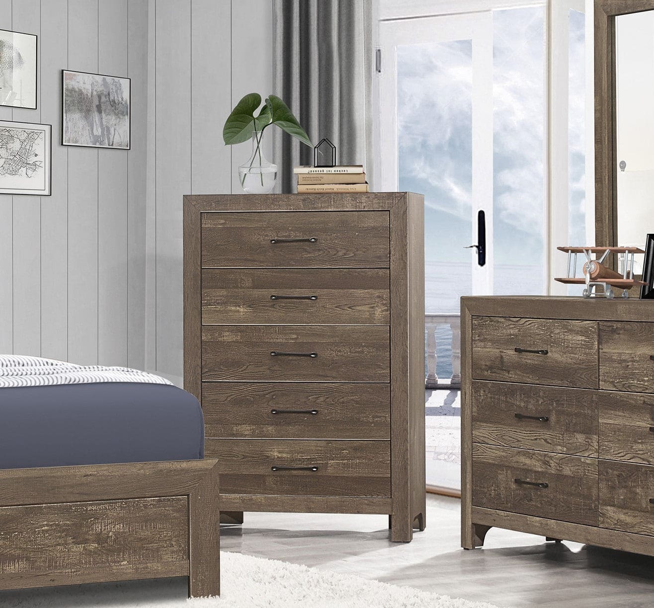 Simple Look Rustic Brown Finish 1pc Chest of 5x Drawers Black Metal Hardware Bedroom Furniture