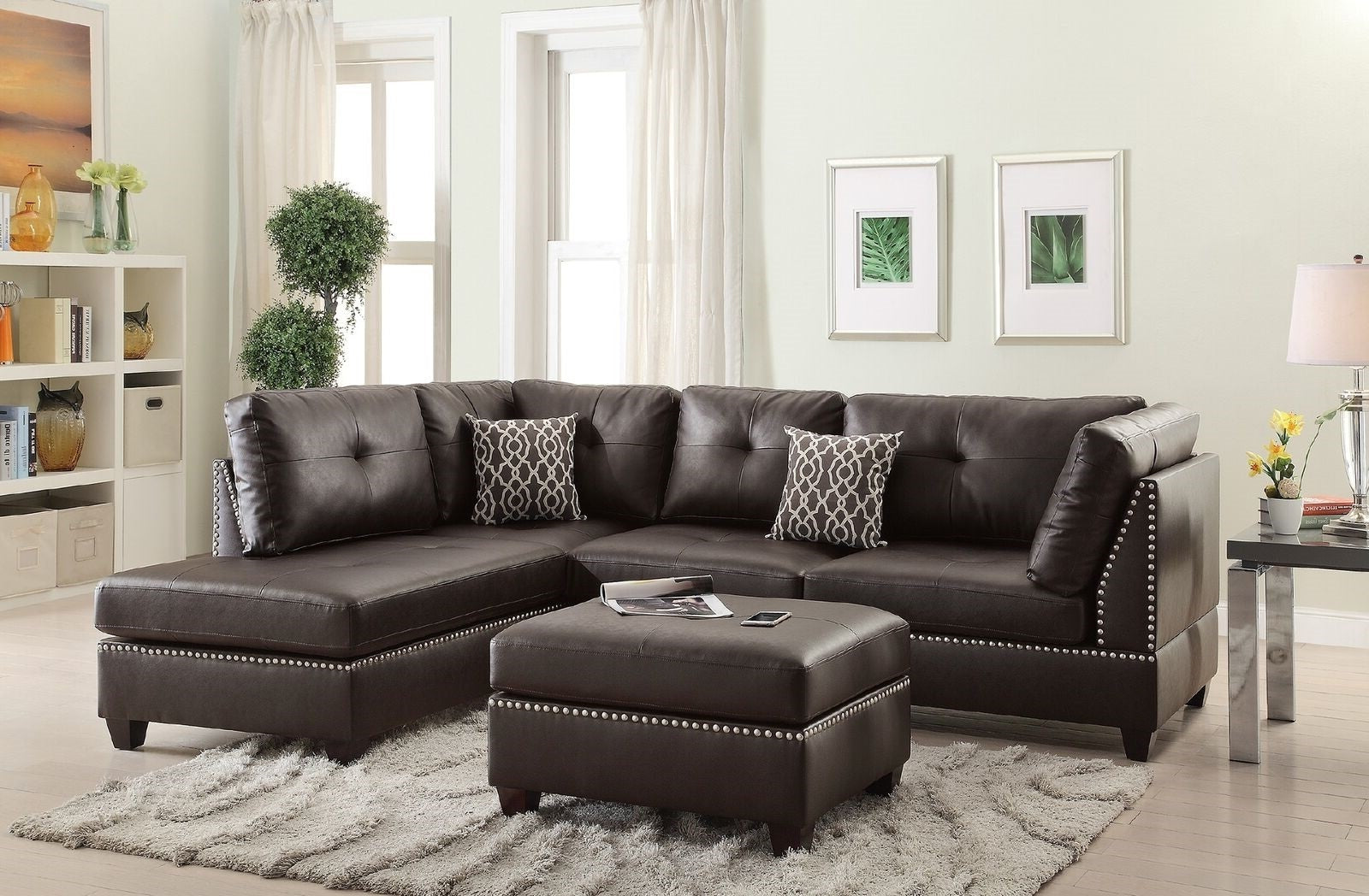 3-pcs Sectional Sofa Espresso Bonded Leather Cushion Sofa Chaise Ottoman Reversible Couch Pillows