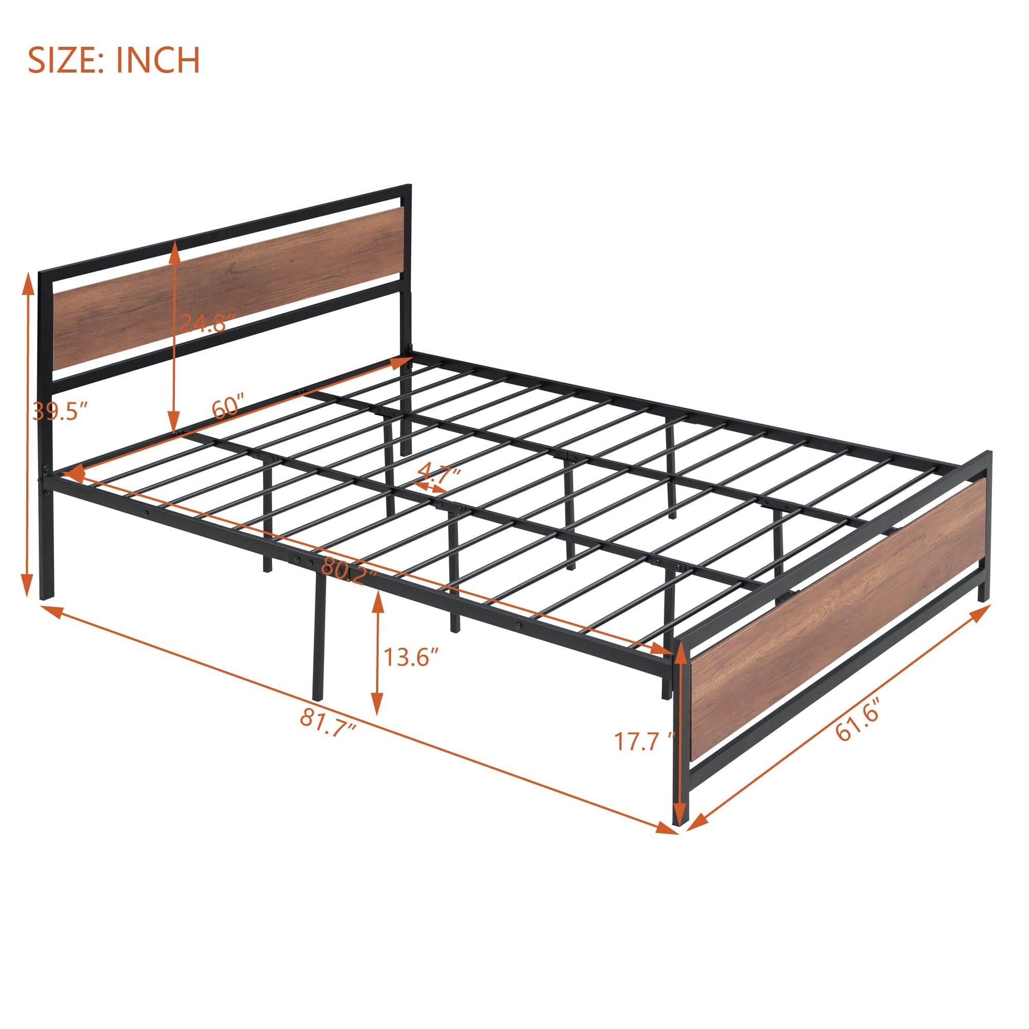 Queen Size Platform Bed, Metal and Wood Bed Frame with Headboard and Footboard , Black