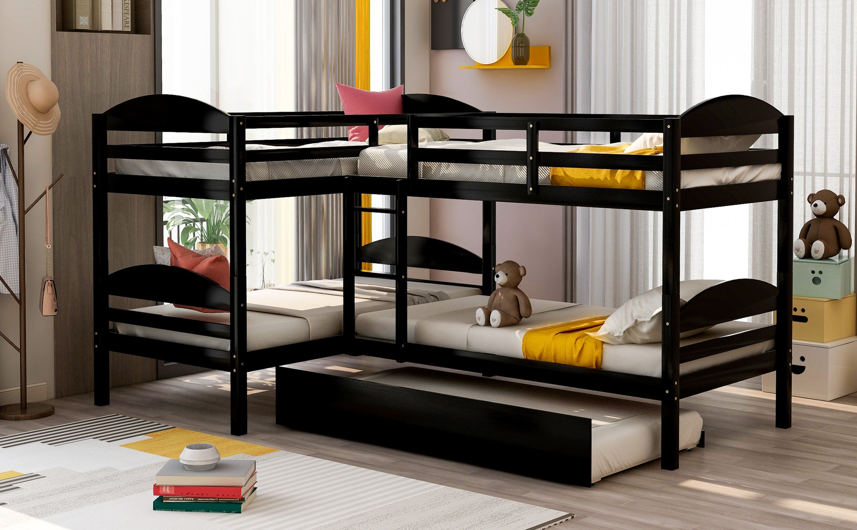 Twin L-Shaped Bunk bed with Trundle-Espresso（OLD SKU:LP000024AAP)