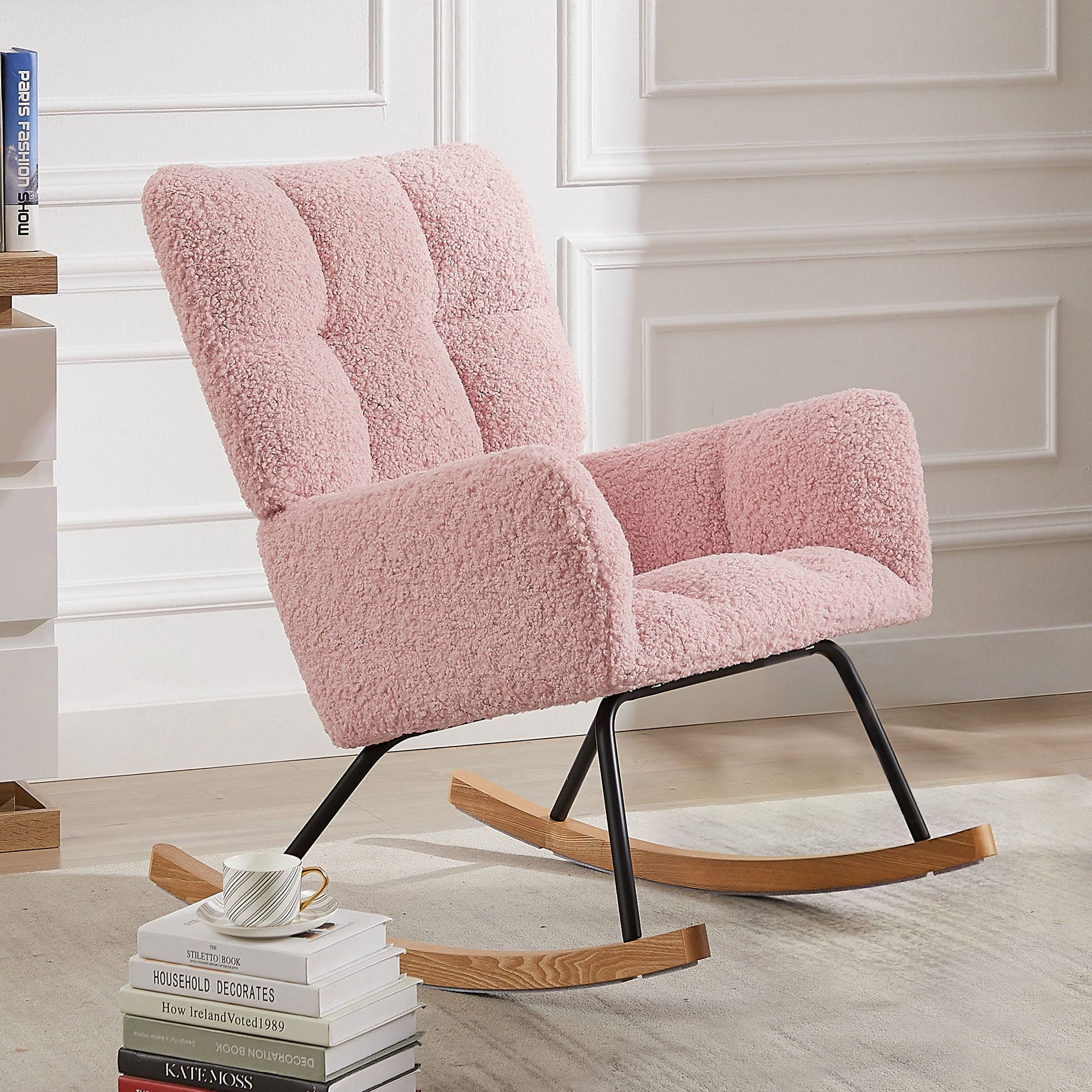 Rocking Chair, Leisure Sofa Glider Chair, Comfy Upholstered Lounge Chair with High Backrest, for Nursing Baby, Reading, Napping PINK