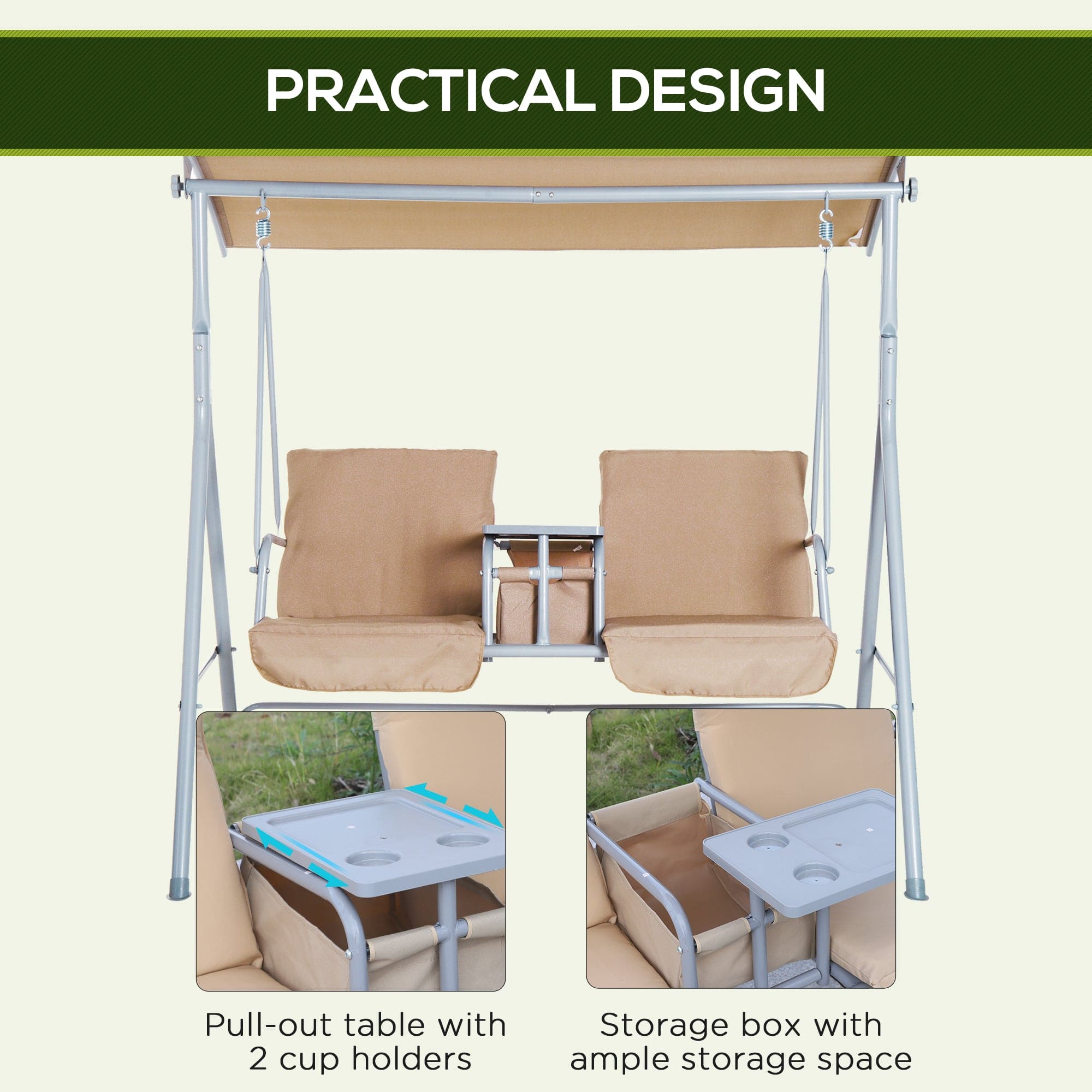 Outsunny 2 Person Porch Swing with Stand, Outdoor Swing with Canopy, Pivot Storage Table, 2 Cup Holders, Cushions for Patio, Backyard, Beige