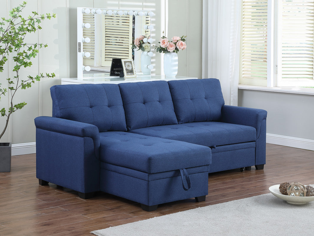 Lucca Blue Linen Reversible Sleeper Sectional Sofa with Storage Chaise