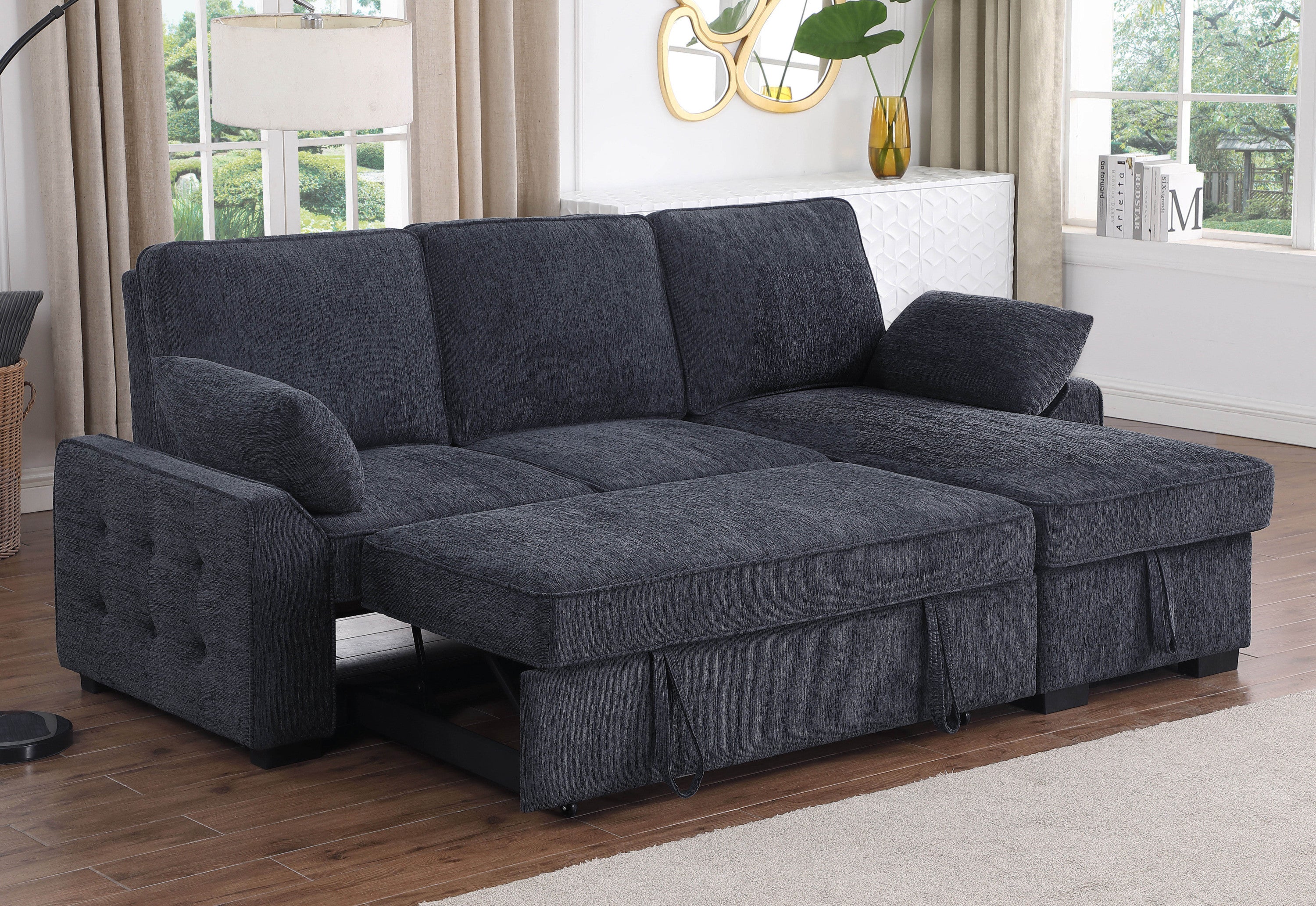 Mackenzie Dark Gray Chenille Fabric Reversible Sleeper Sectional with Storage Chaise, Drop-Down Table, Cup Holders and Charging Ports