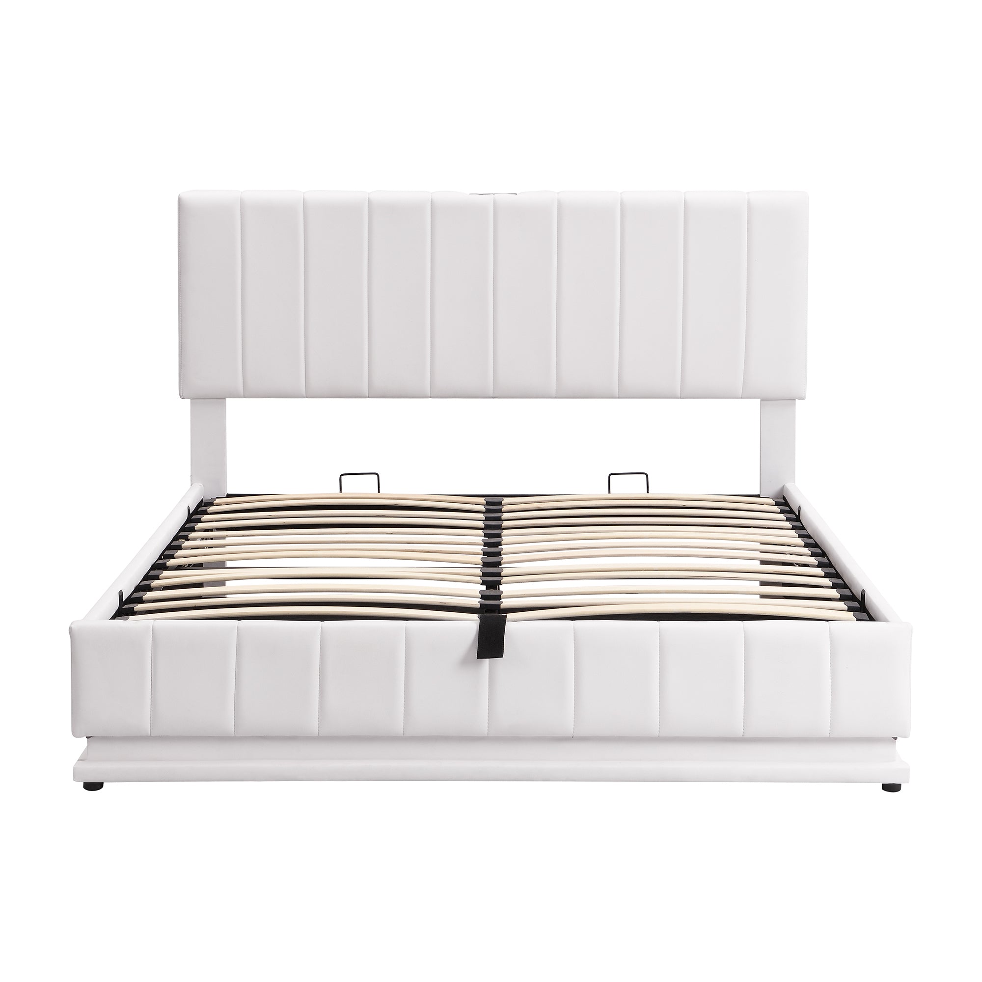 Queen Size Upholstered Bed with Hydraulic Storage System and LED Light, Modern Platform Bed with Sockets and USB Ports, White