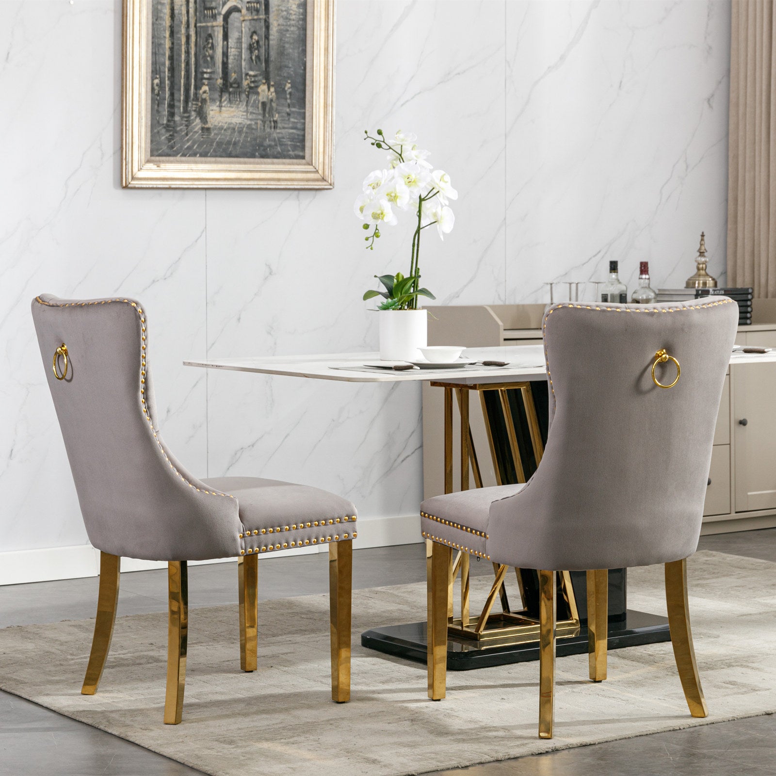 Nikki Collection Modern, High-end Tufted Solid Wood Contemporary Velvet Upholstered Dining Chair with Golden Stainless Steel Plating Legs,Nailhead Trim,Set of 2,Gray and Gold, SW1601GY