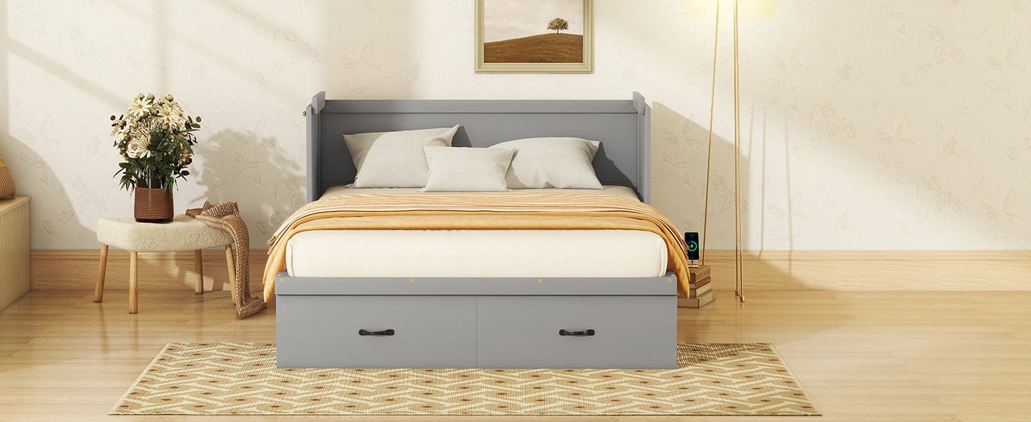 Queen Size Murphy Bed with USB Port and a Large Drawer, Gray