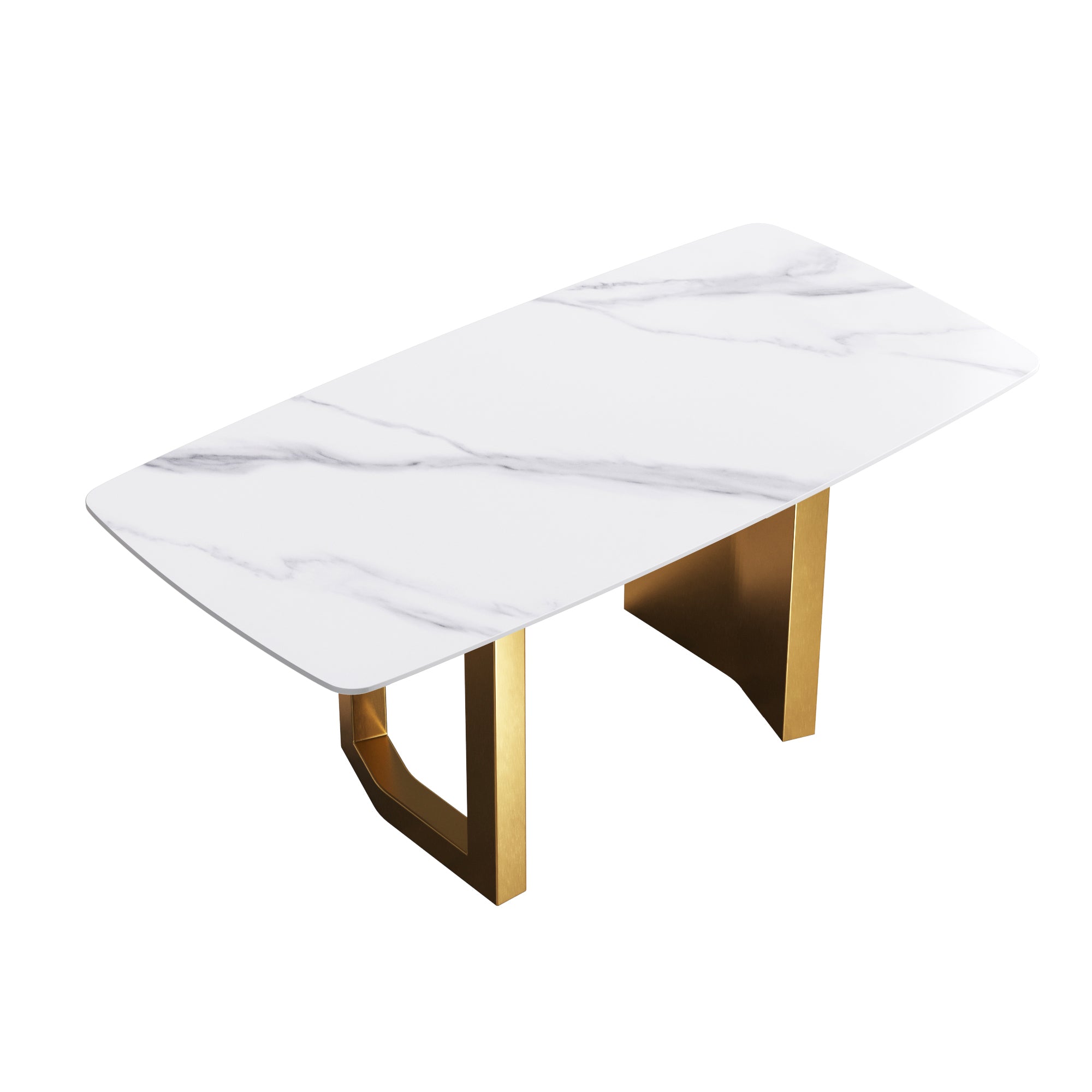 70.87"Modern artificial stone white curved golden metal leg dining table-can accommodate 6-8 people