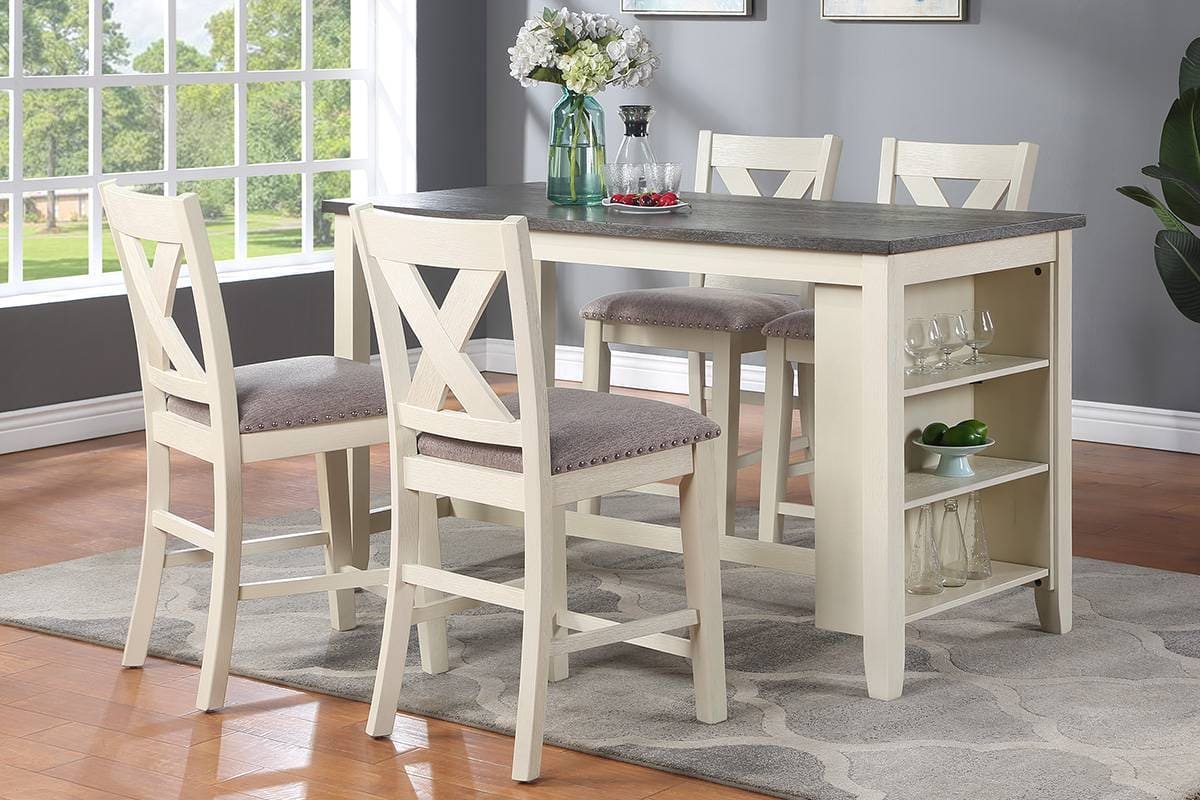 Modern Contemporary 5pc Counter Height High Dining Table w Storage Shelves 4x High Chairs Wooden Kitchen Breakfast Table Dining Room Furniture