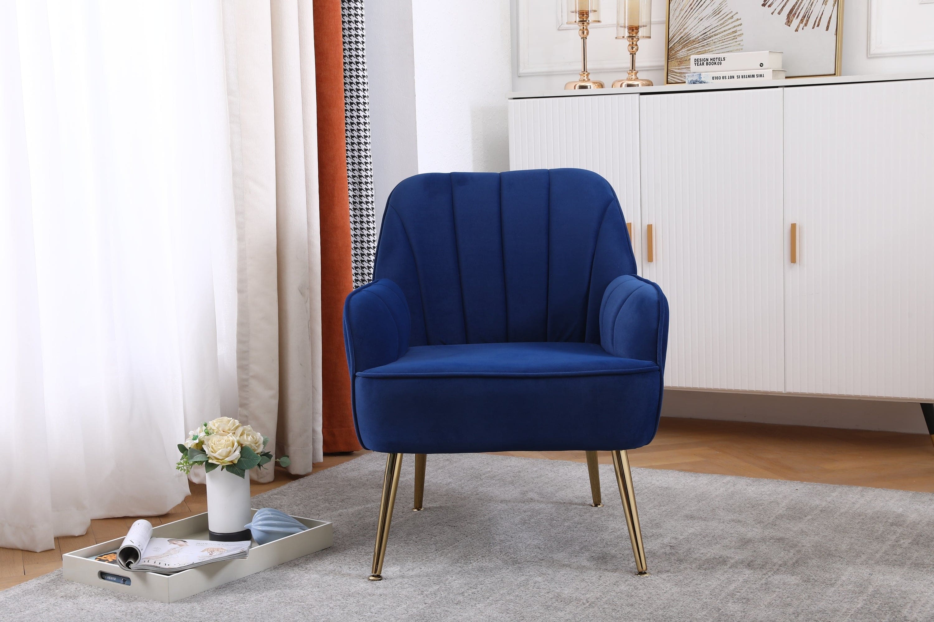 Modern Mid Century Chair velvet  Sherpa Armchair for Living Room Bedroom Office Easy Assemble(NAVY)