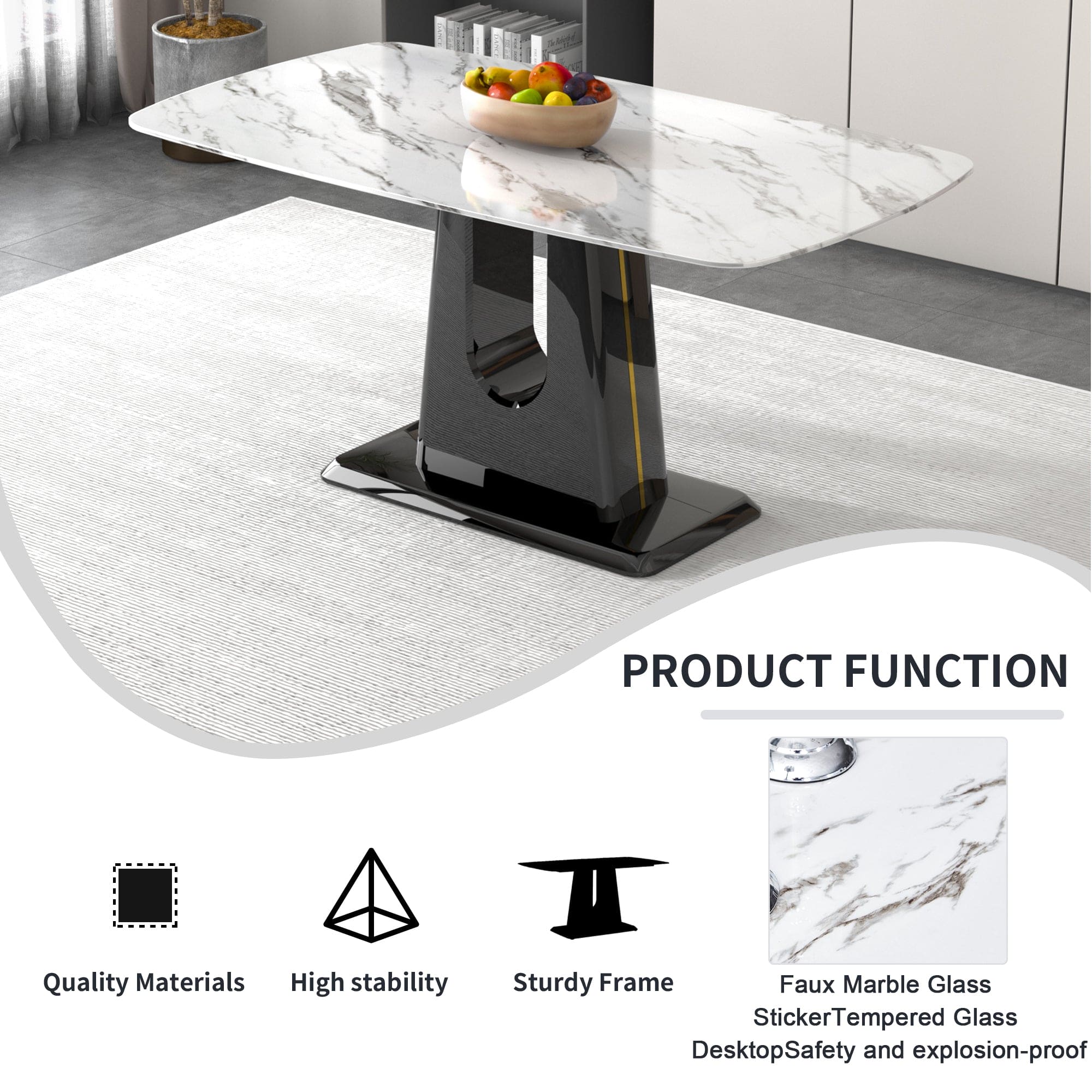 A modern, minimalist, and luxurious dining table with a white imitation marble tabletop and MDF legs with U-shaped brackets. Tables in restaurants and living rooms 63"*35.4"*30  F-U