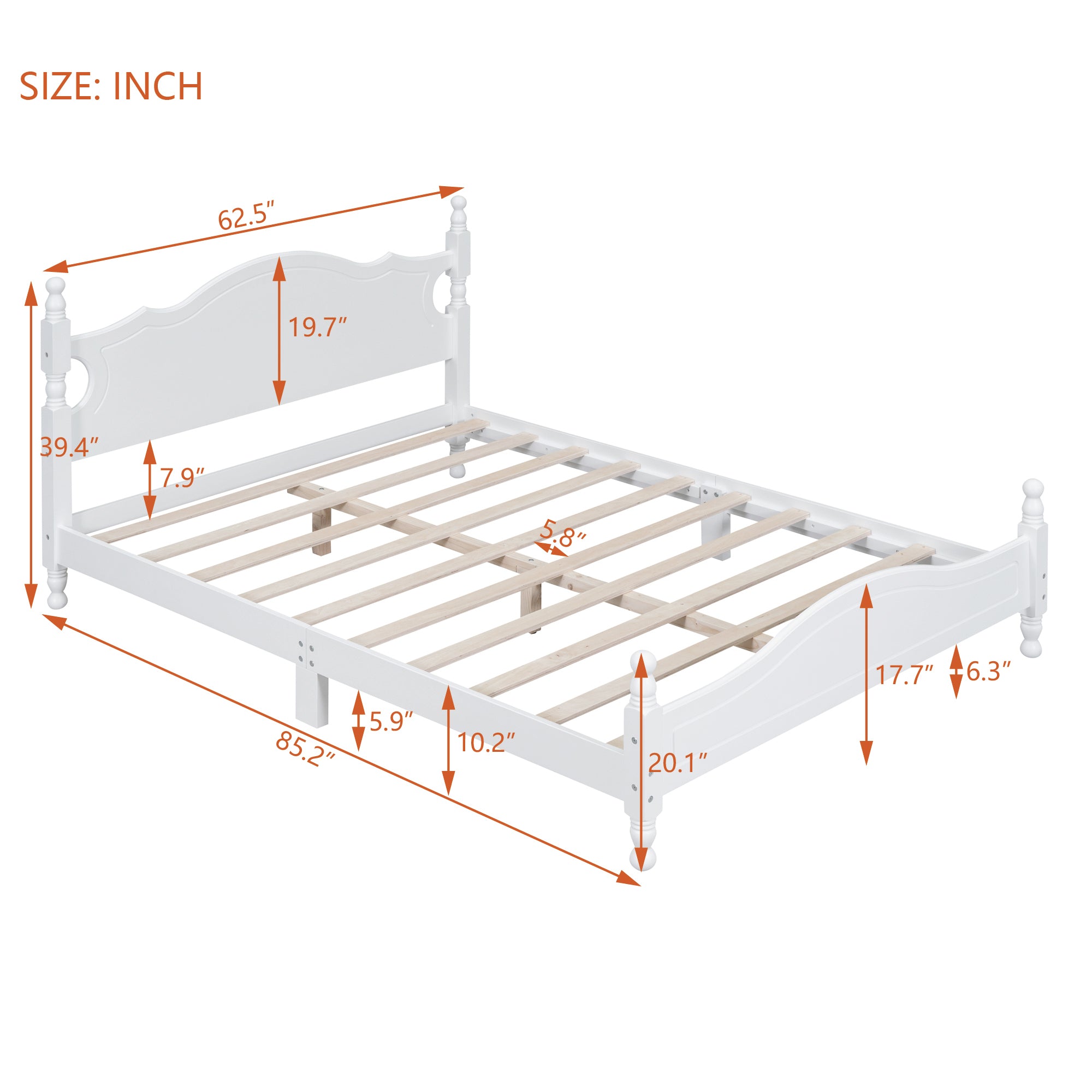 Queen Size Wood Platform Bed Frame,Retro Style Platform Bed with Wooden Slat Support,White