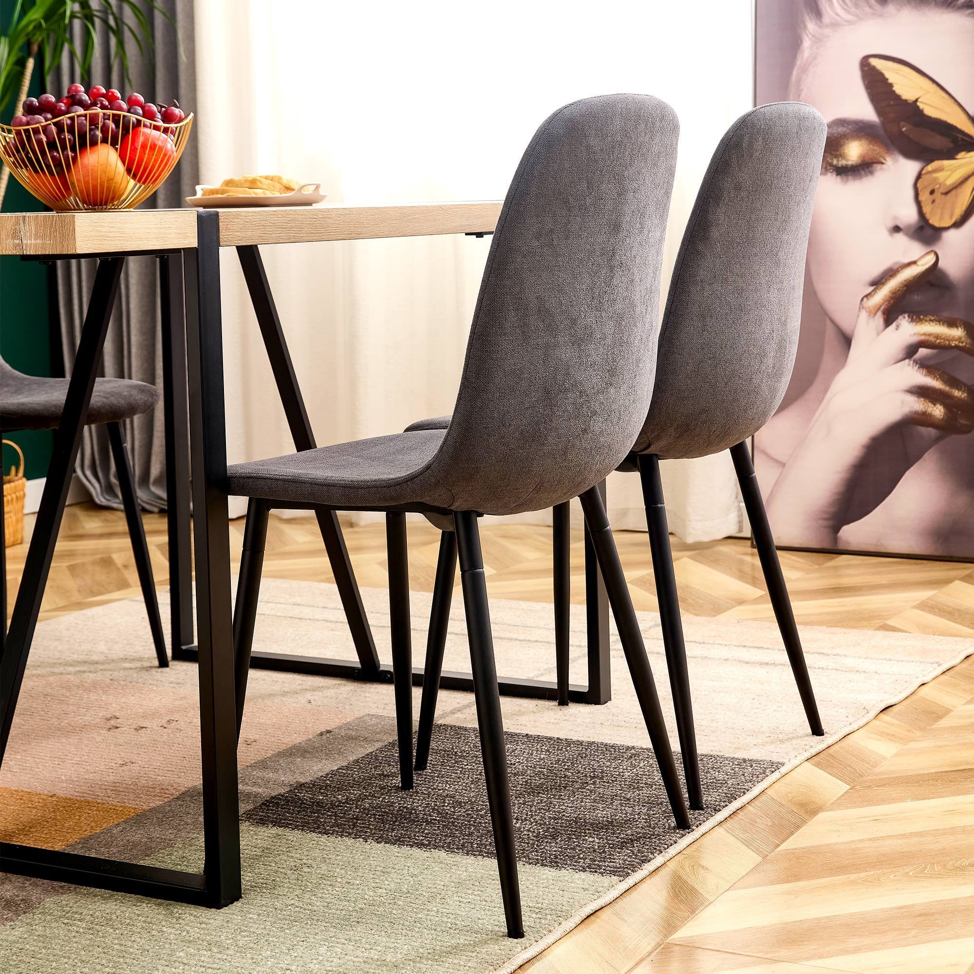 A set of 6 modern medieval style restaurant cushioned side chairs with soft linen fabric cushions and black metal legs, suitable for kitchen, lounge, and farmhouses.B0501A