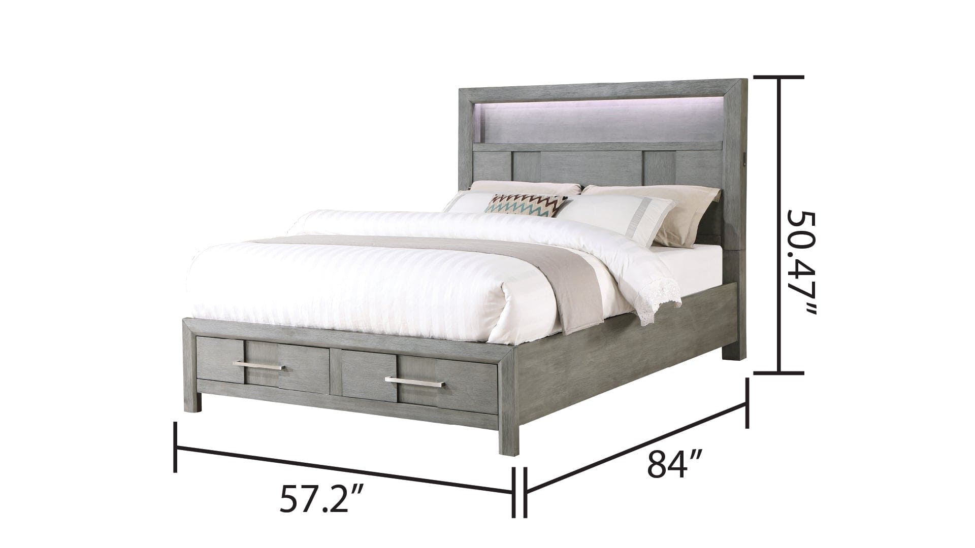 Kenzo Modern Style Full Bed Made with Wood & LED Headboard with bookshelf in Gray