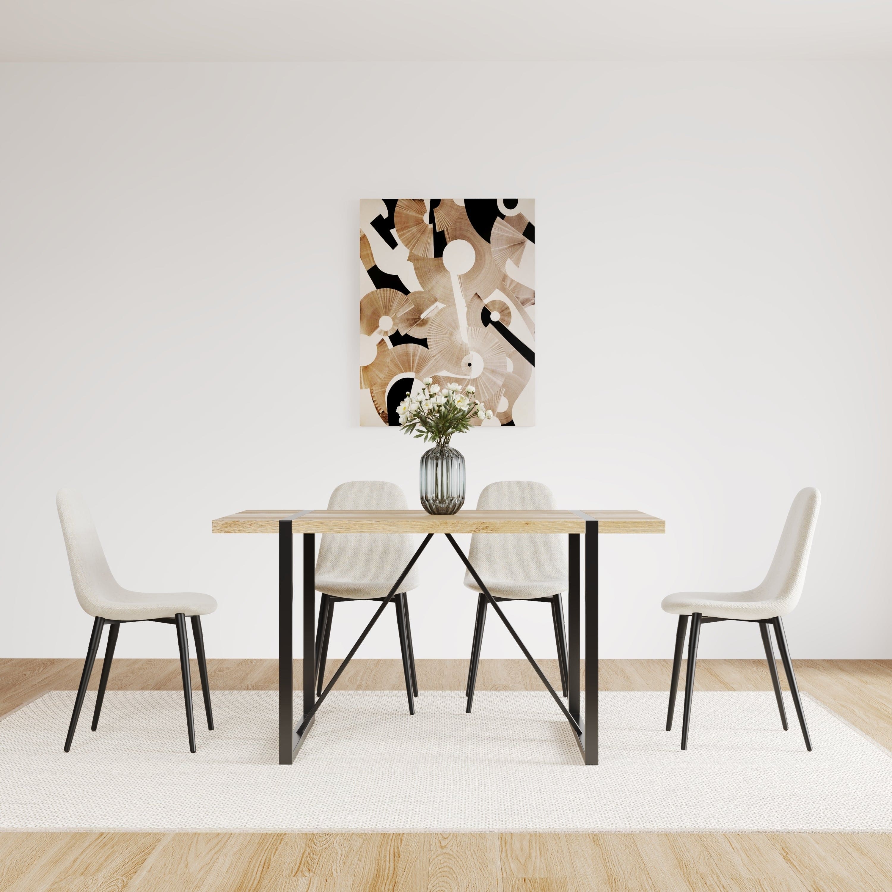 MDF Wood Colour Dining Table and Modern Dining Chairs Set of 4, Mid Century Wooden Kitchen Table Set, Metal Base & Legs, Dining Room Table and Linen Chairs